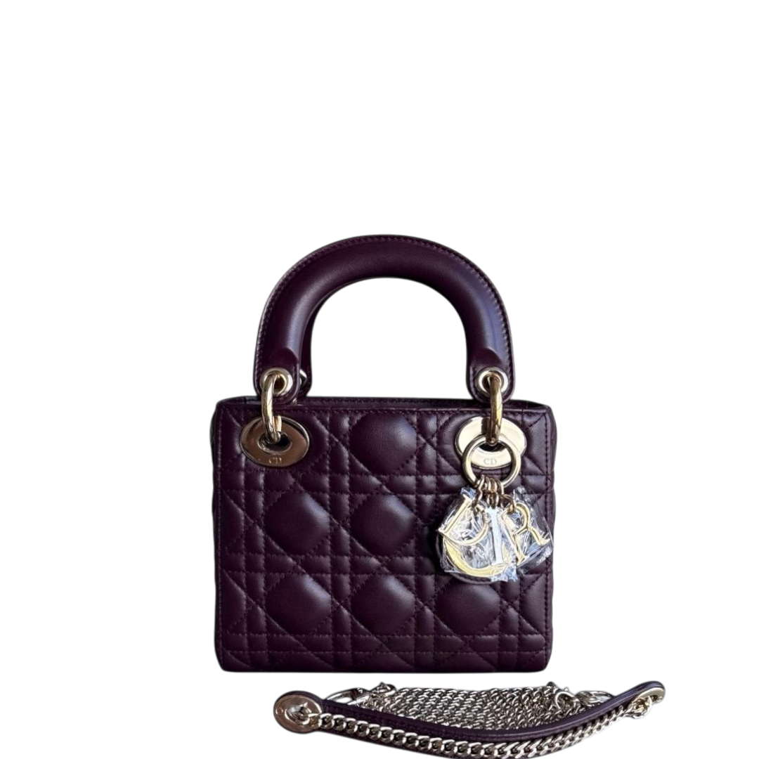 Dior Lady Mini - Cannage Lambskin Wine Burgundy Gold Hardware Chain Strap