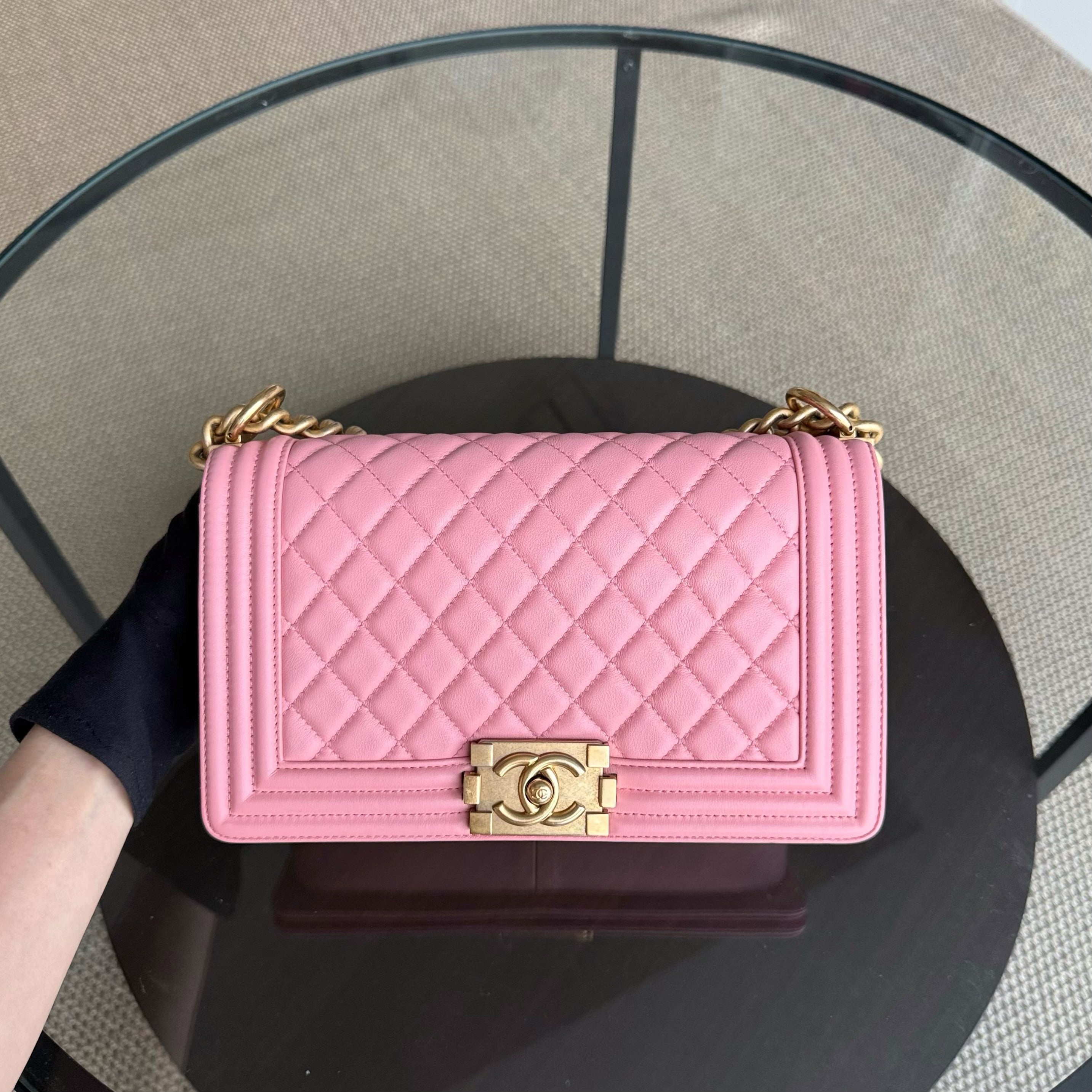 Chanel Boy Medium - 25CM Quilted Calfskin Pink Gold Hardware Series 27