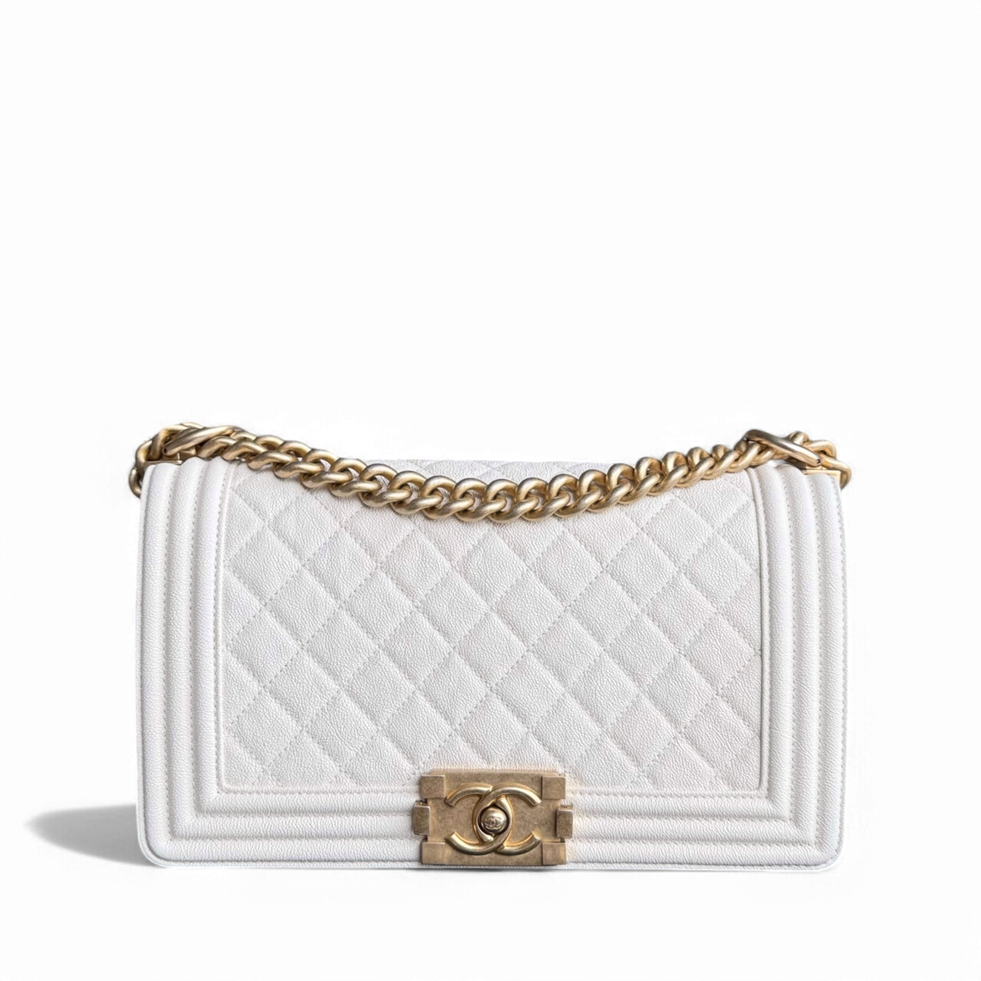 Chanel Boy Medium - Caviar 25CM Quilted Cream White Aged Gold Hardware Series 27