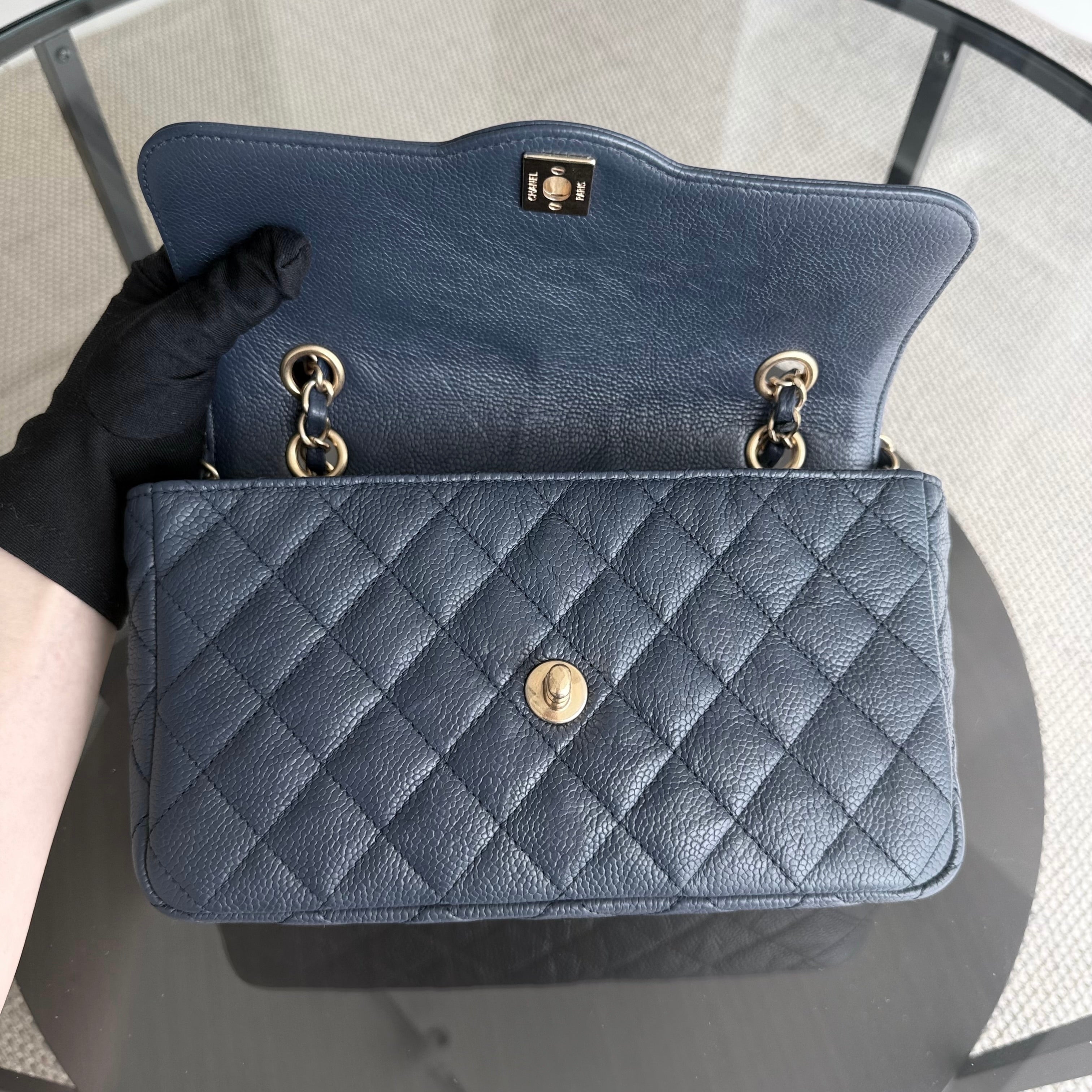 Chanel Two Tone Flap - Medium Crumpled Grained Calfskin Navy Blue Gold