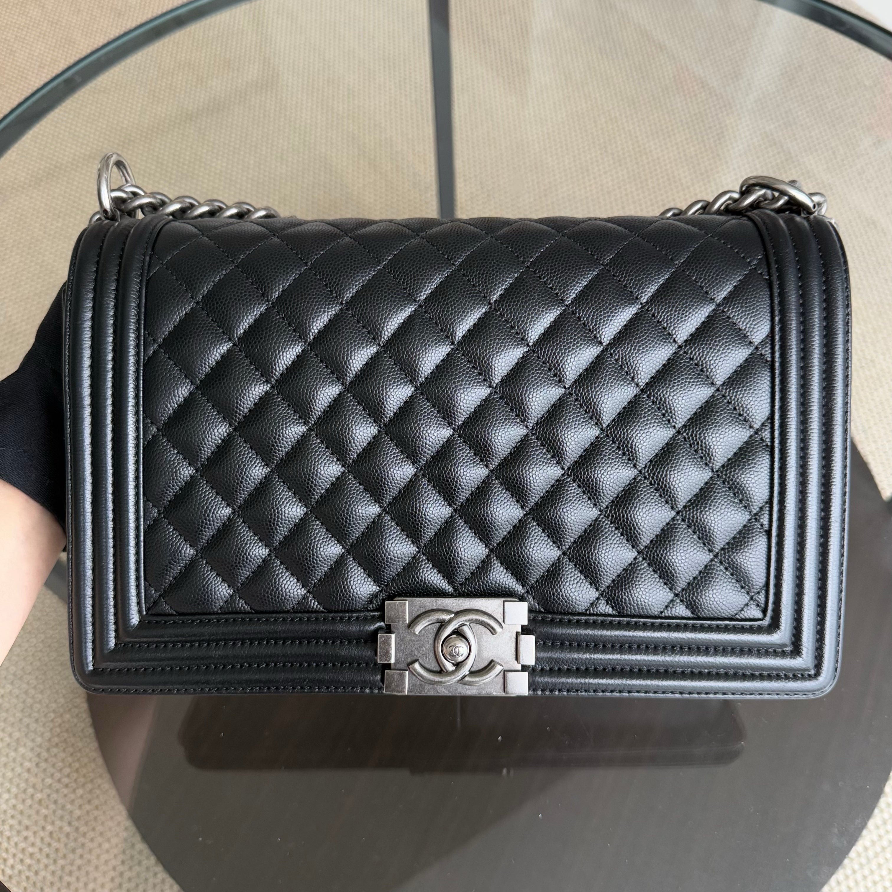 Chanel Boy Medium - Caviar 28CM Quilted Black Ruthenium Silver Hardware Series 28