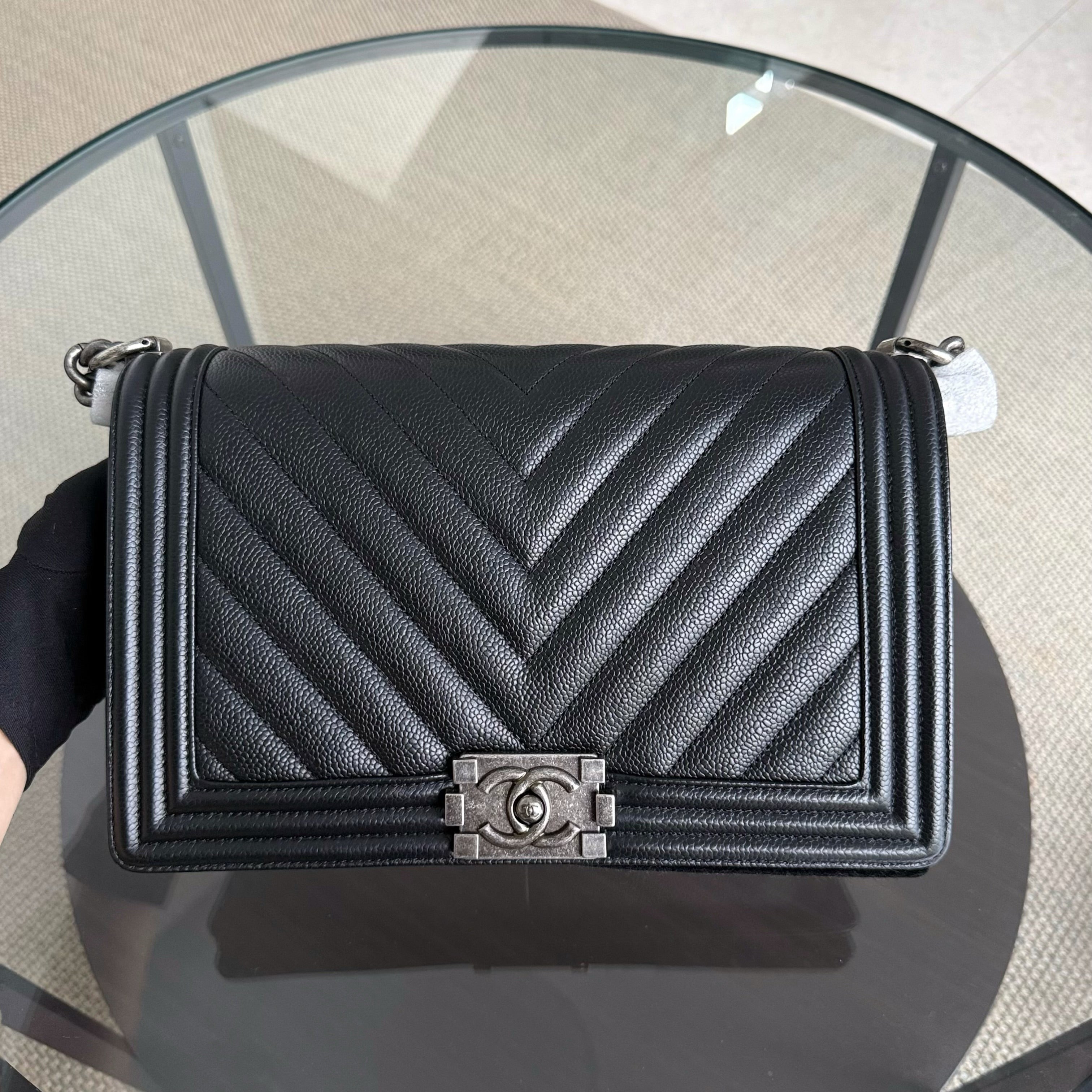 Chanel Boy New Medium - 28CM Caviar Quilted BlackRuthenium Silver Hardware Series 28