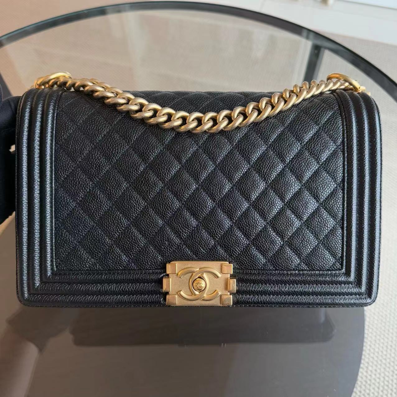 Chanel Boy Medium - Caviar 28CM Quilted Black Gold Hardware Series 23