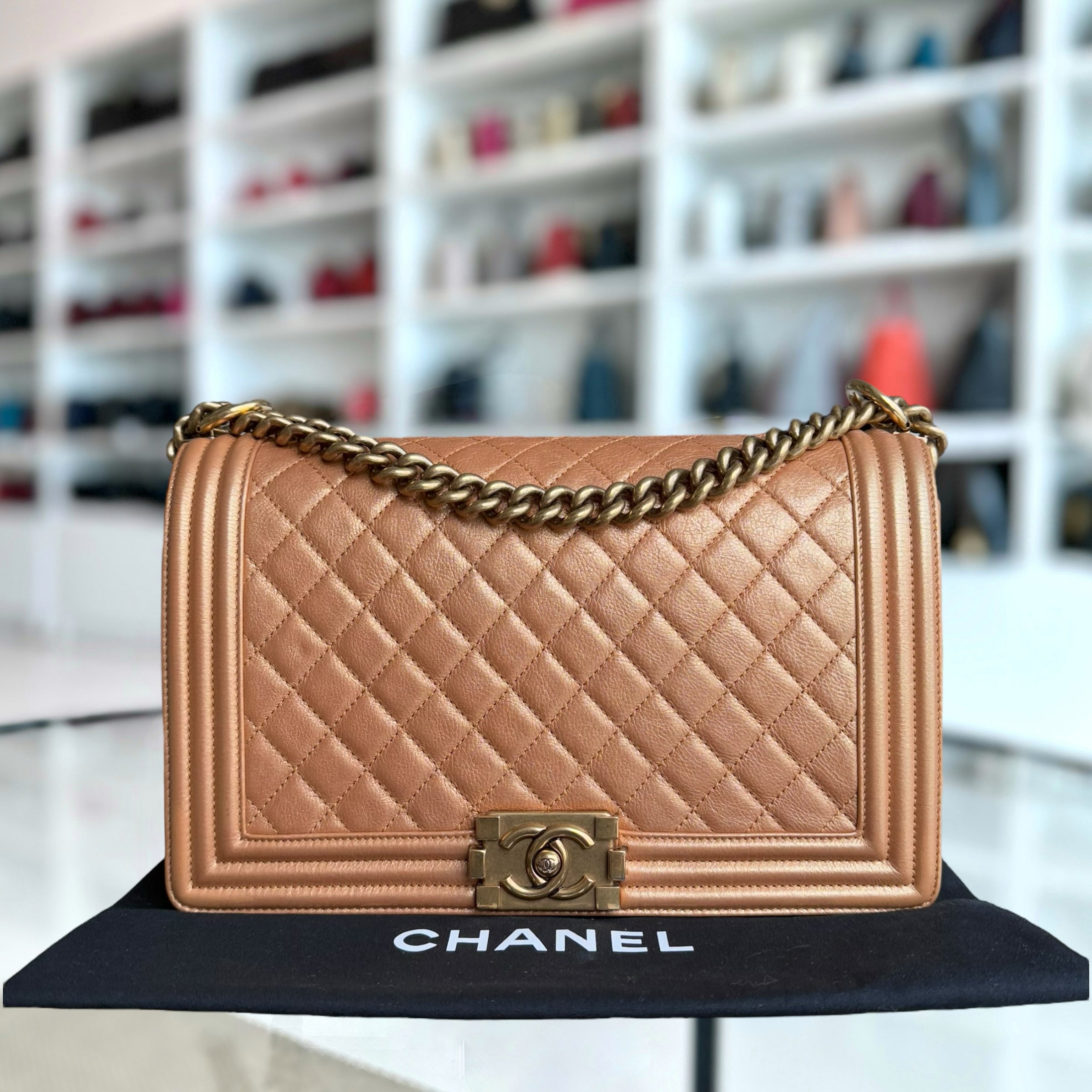 Chanel Boy Medium - 28CM Quilted Grained Calfskin Metallic Iridescent Ruthenium Gold Hardware Series 20