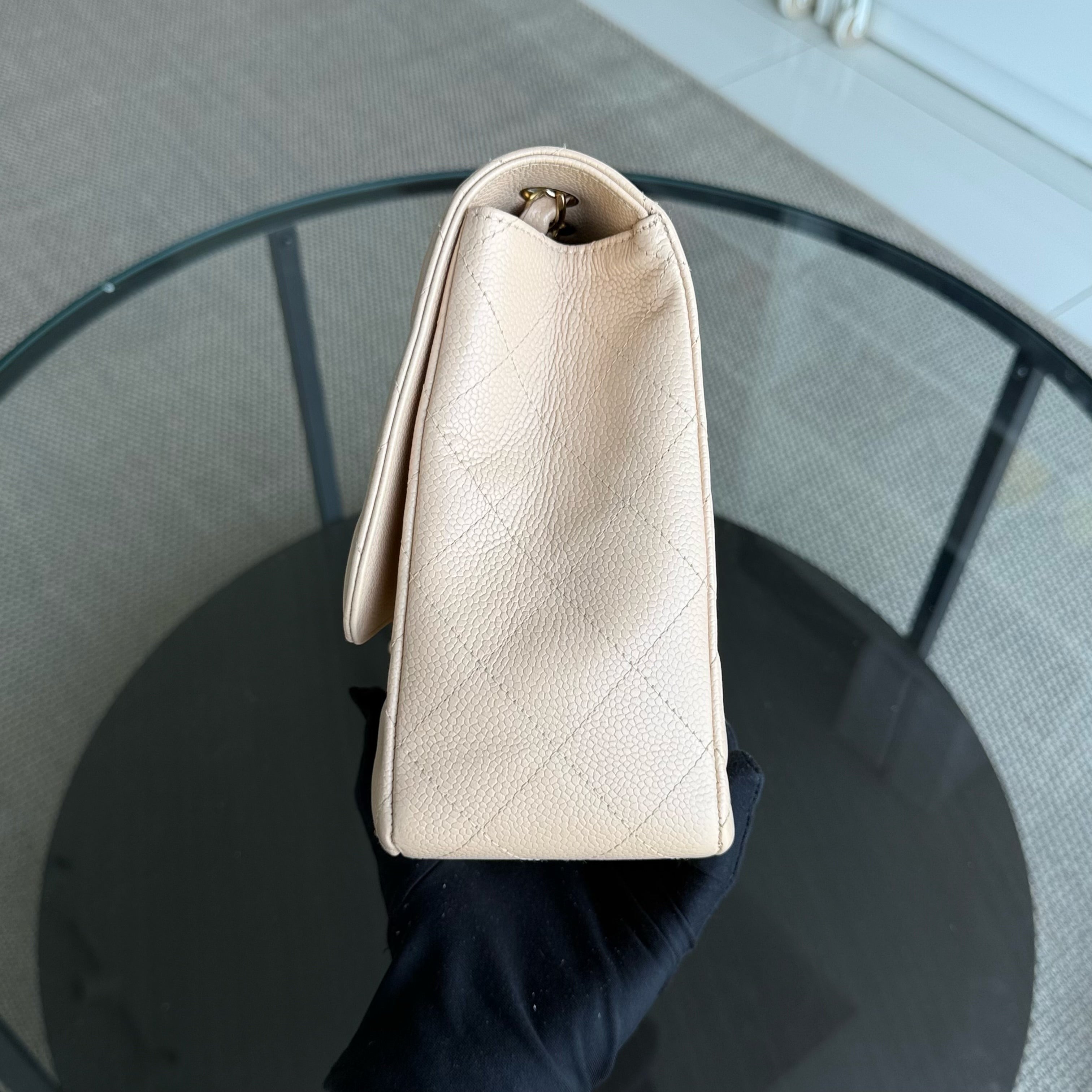 Chanel Classic Flap Jumbo - Caviar 30CM Single Flap Quilted Beige 24K Gold Hardware Series 12
