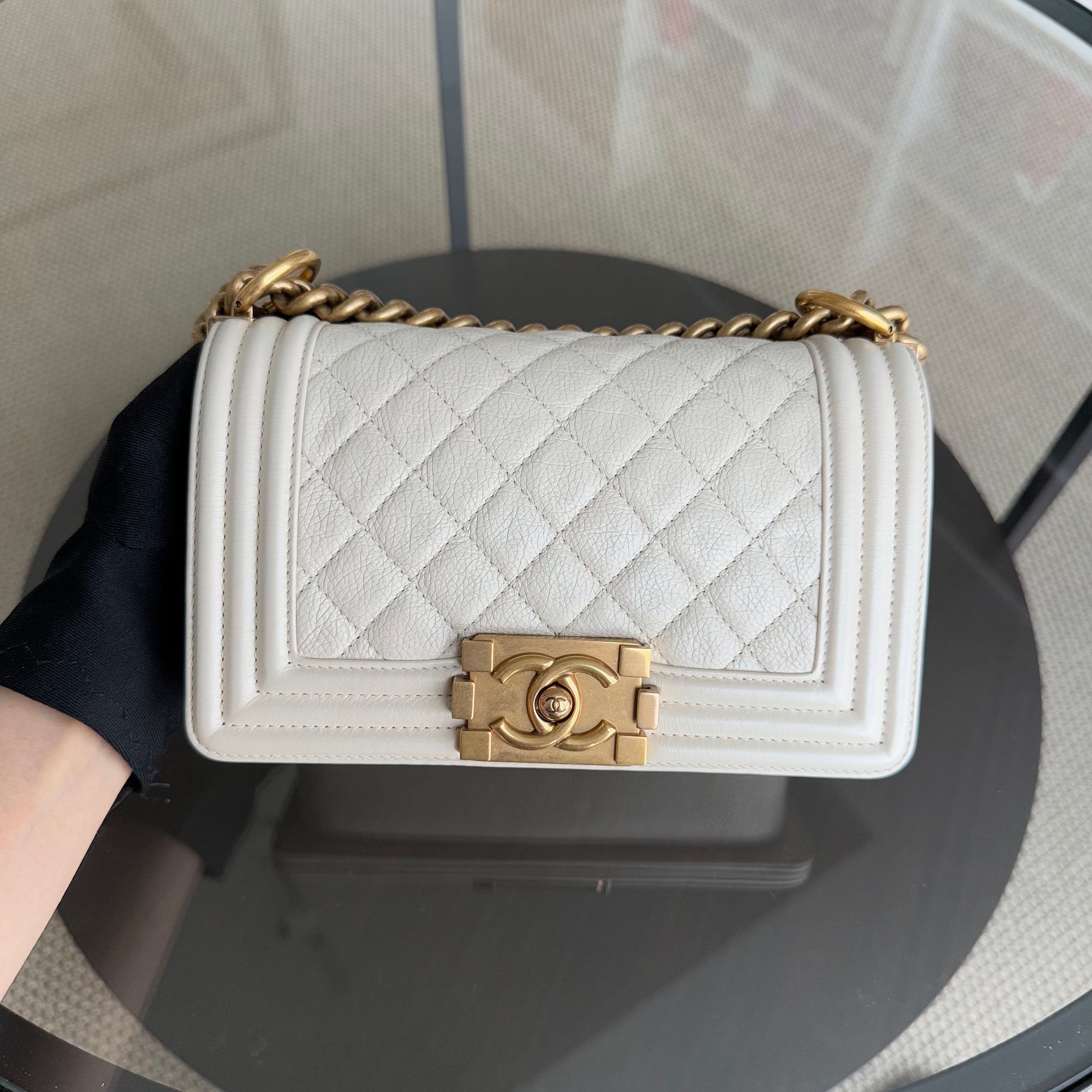 Chanel Boy Small - Grained Calfskin Quilted Cream White Gold Hardware Series 20