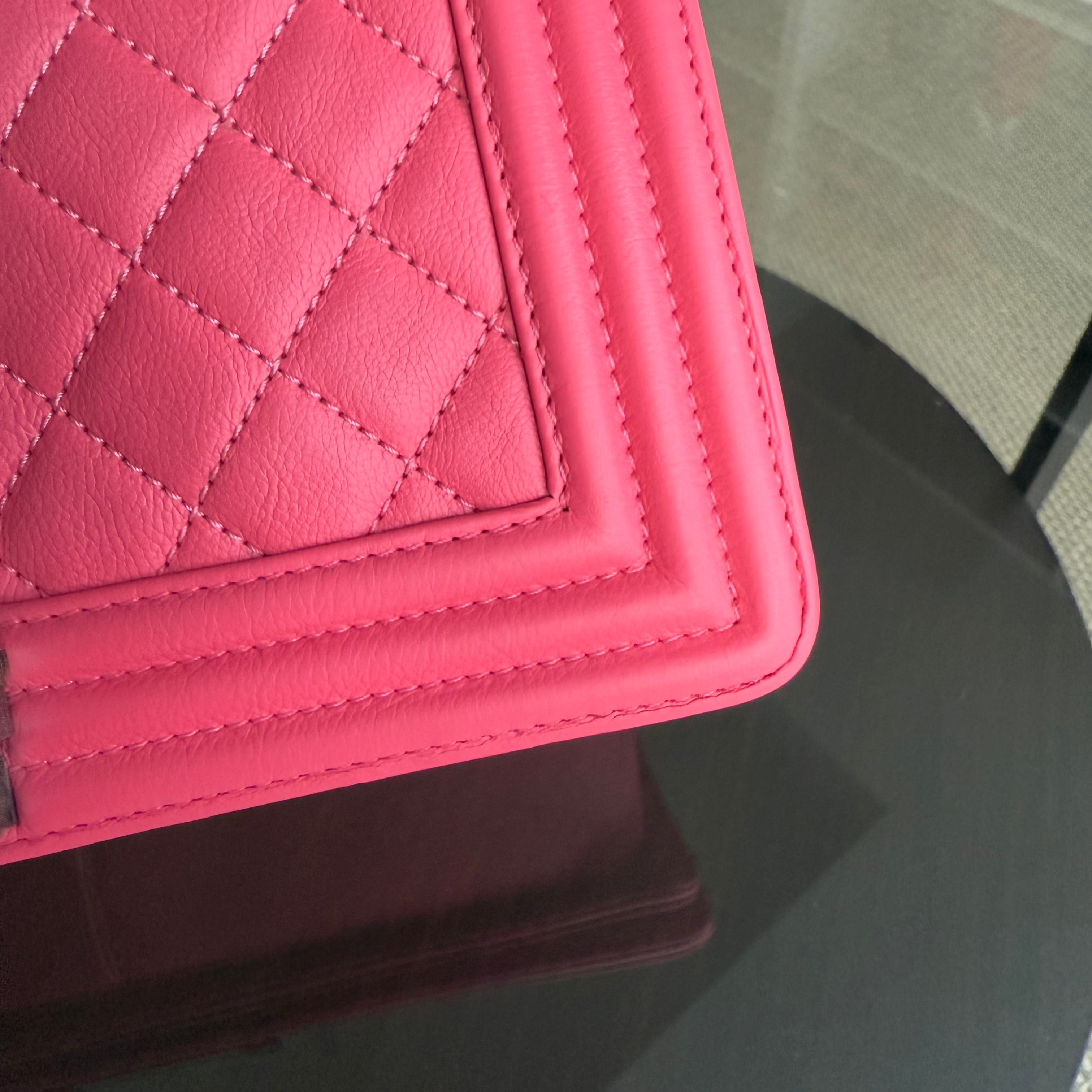 Chanel Boy Medium - 25CM Calfskin Quilted Hot Pink Ruthnium Silver Hardware Series 17