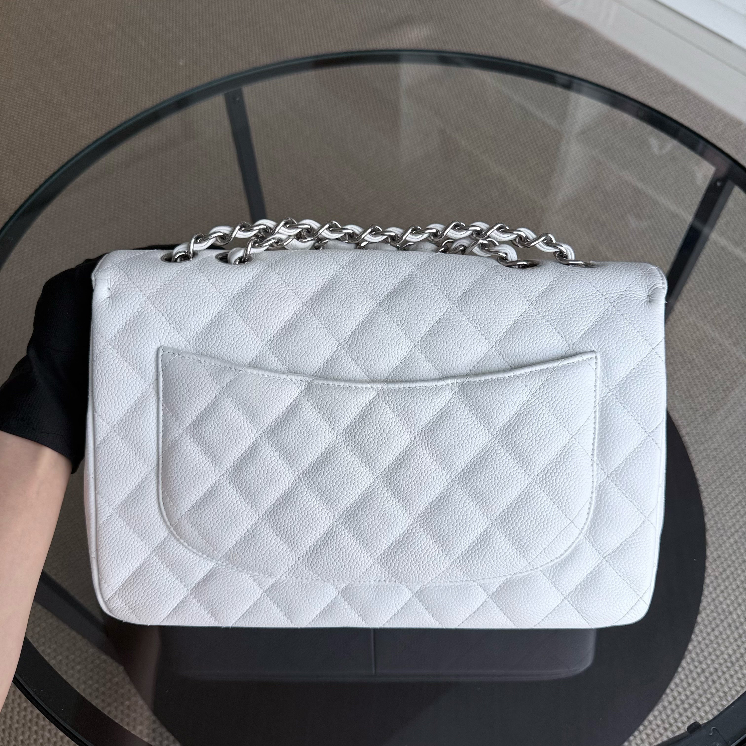 Chanel Classic Flap Jumbo - Caviar 30CM Single Flap Quilted Snow White Silver Hardware Series 13