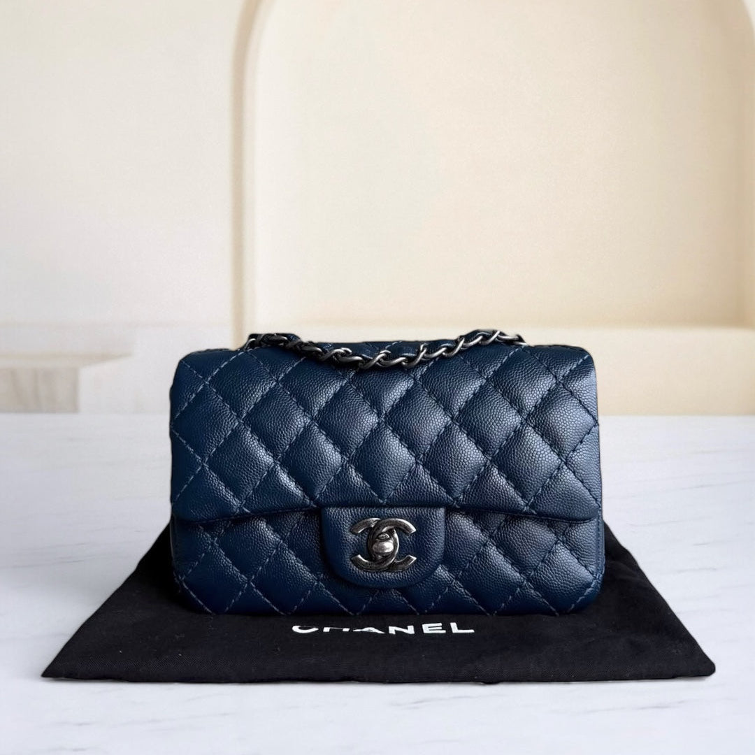 Chanel Classic Flap Mini Rectangle - Caviar 20CM Quilted Dark Blue Ruthenium Silver Hardware Series 23
