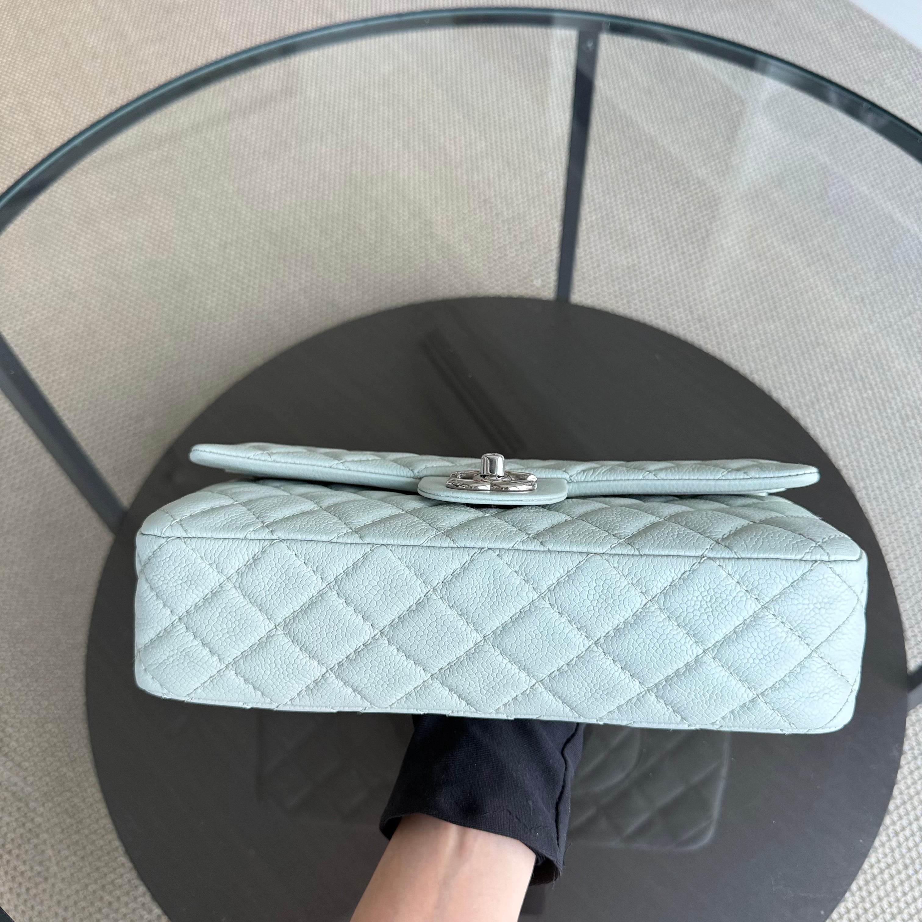 Chanel Classic Flap Medium - Caviar 25CM Quilted Light Mint Green Grey Gray Silver Hardware Series 12