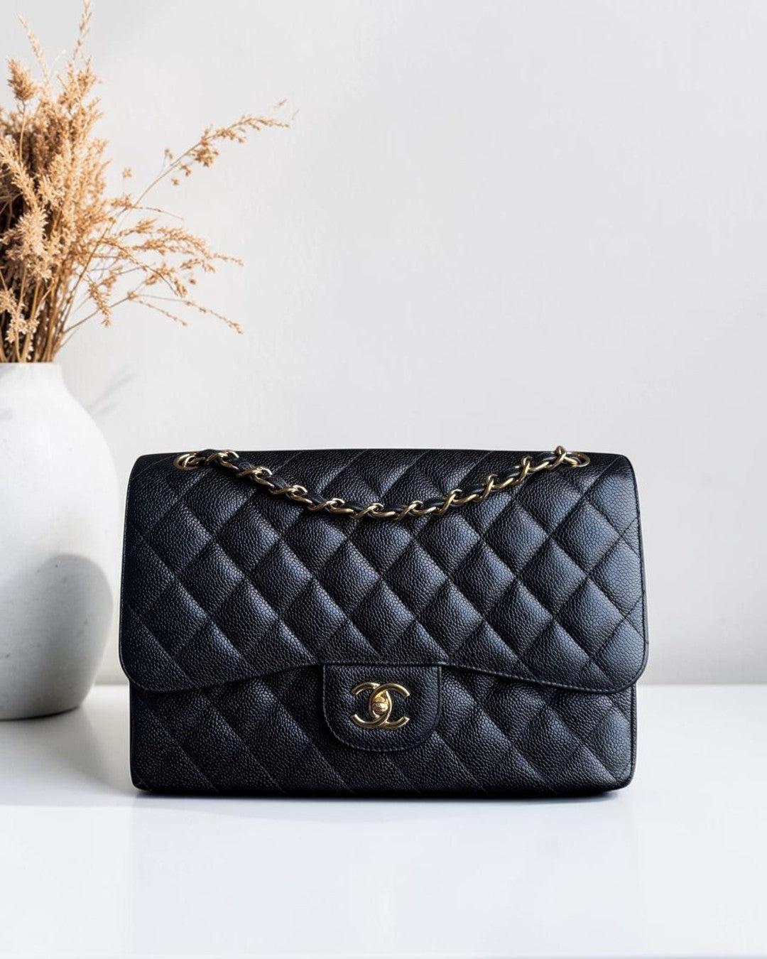 Chanel Classic Flap Jumbo - Caviar 30CM Double Flap Quilted Grained Calfskin Black Gold Hardware