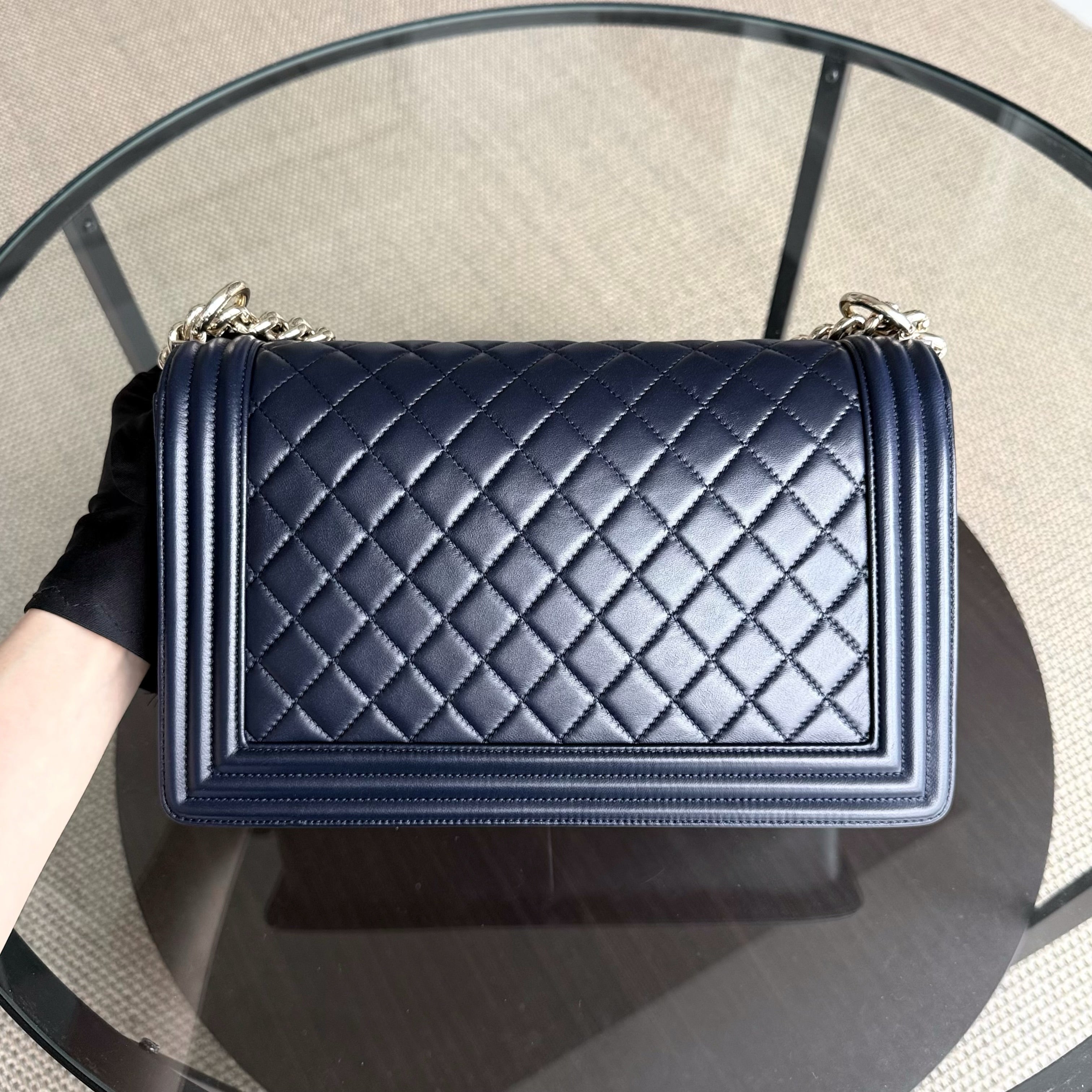 Chanel Boy New Medium - 28CM Quilted Lambskin Dark Blue Gold Hardware Series 22