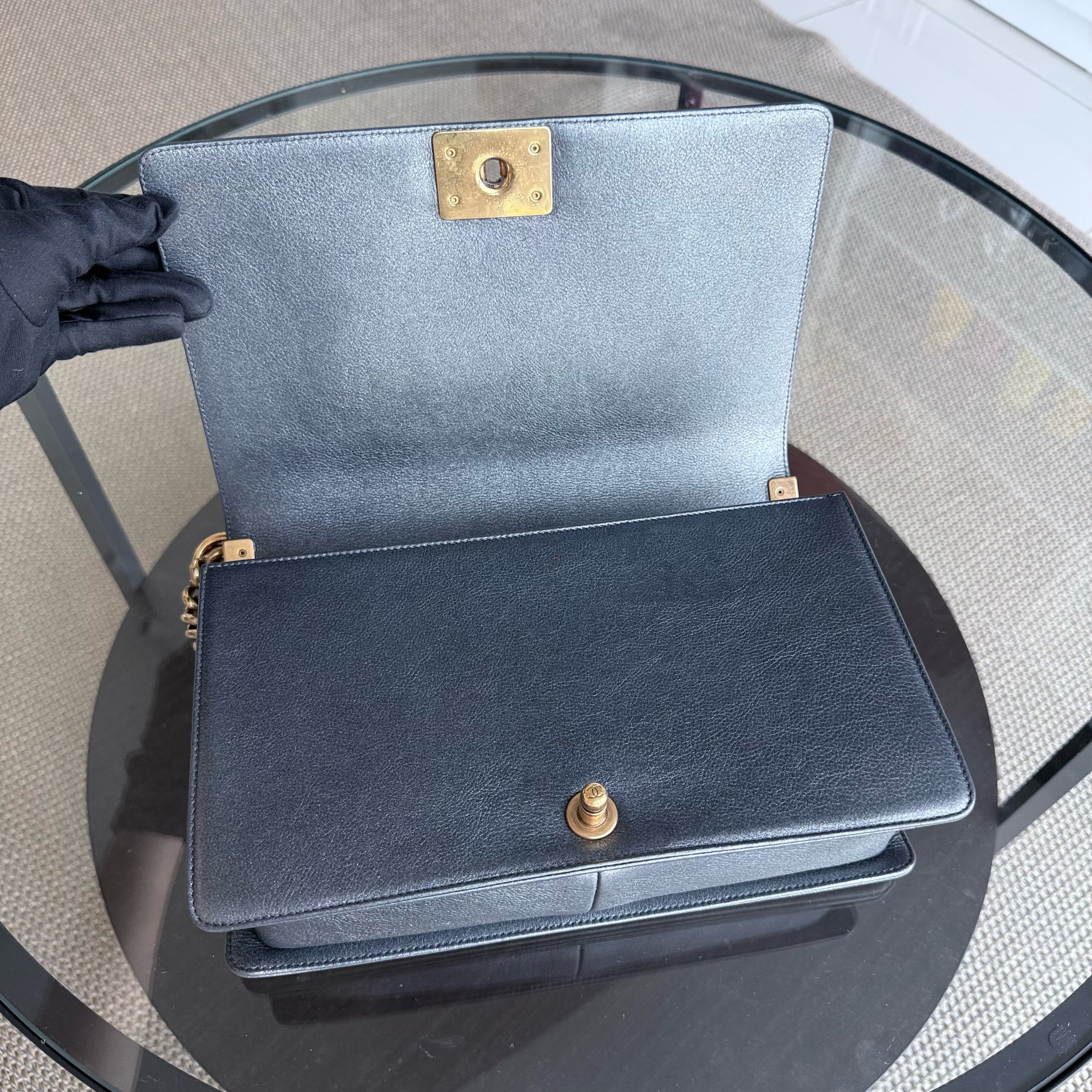 Chanel Boy New Medium - 28CM Quilted Grained Calfskin Dark Gray Ruthenium Gold Hardware Series 20