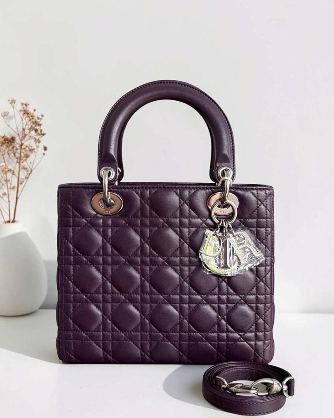 Luxury Evermore中号Dior Lady手袋，深栗色Cannage藤格纹羊皮材质，配有银色金属配件和可拆卸肩带。