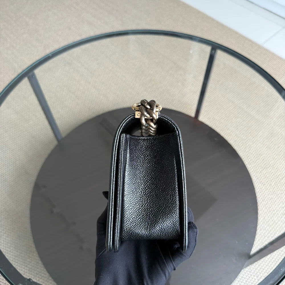 Chanel Boy Medium - Caviar 25CM Quilted Grained Calfskin Black Gold Hardware Series 19