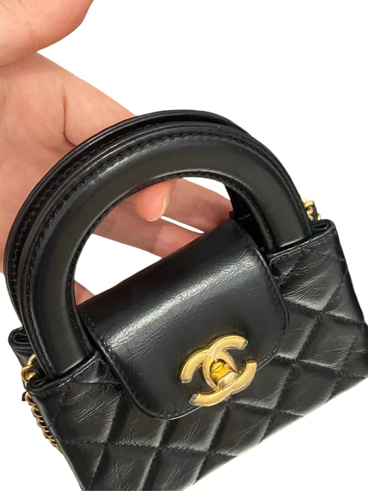 Chanel Micro Kelly Nano Bag in Black Calfskin and Aged Golden Hardware