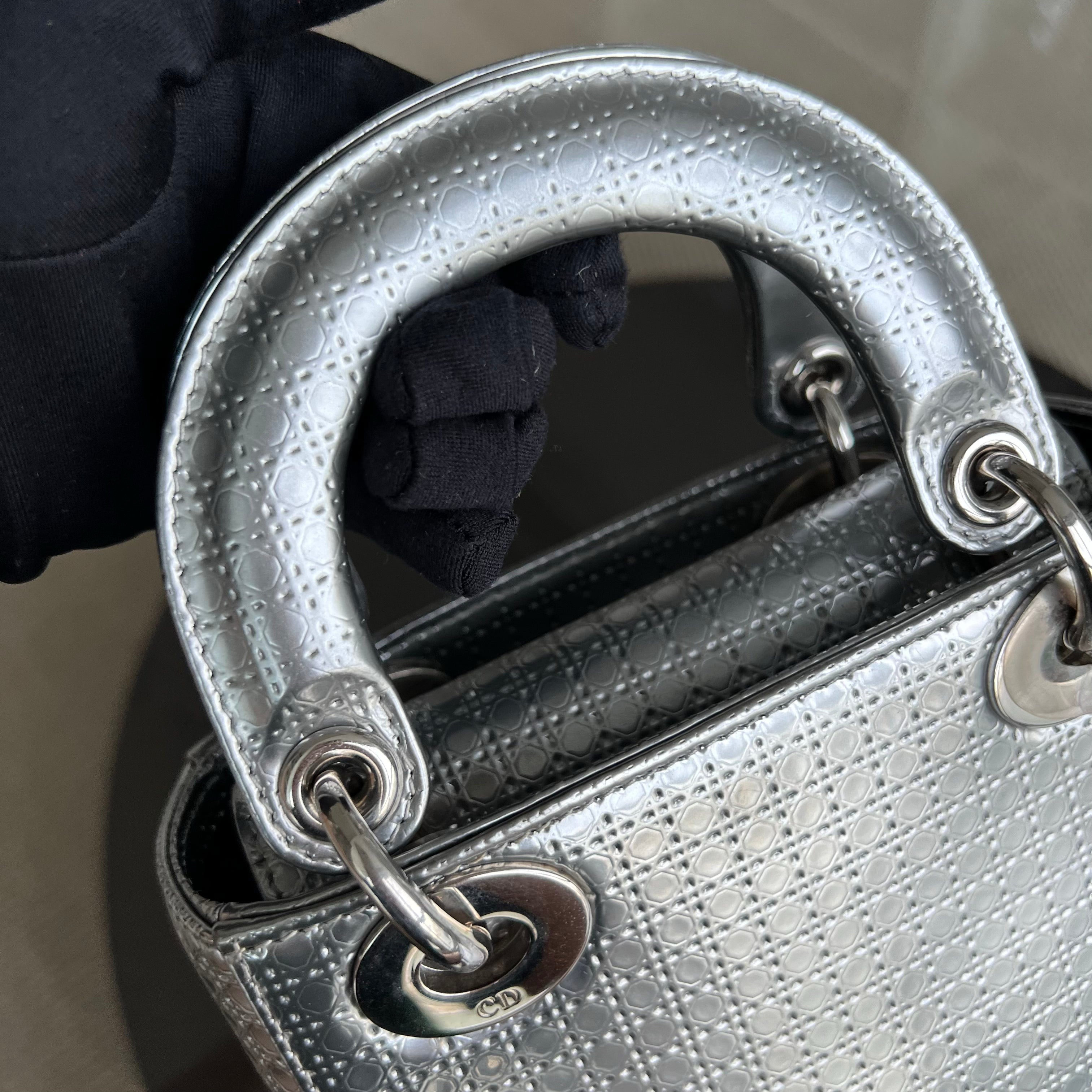 Dior Lady Mini - Metallic Calfskin Micro Cannage Silver Hardware Chain strap