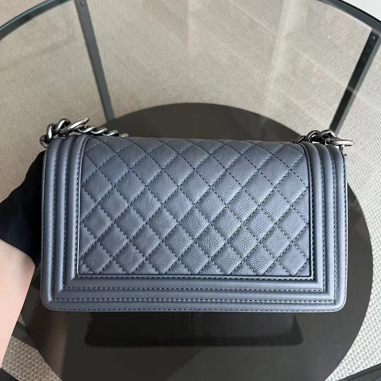 Chanel Boy Medium - 25CM Calfskin Quilted Limited Edition Metal Edges Leboy Ruthenium Silver Hardware Series 19