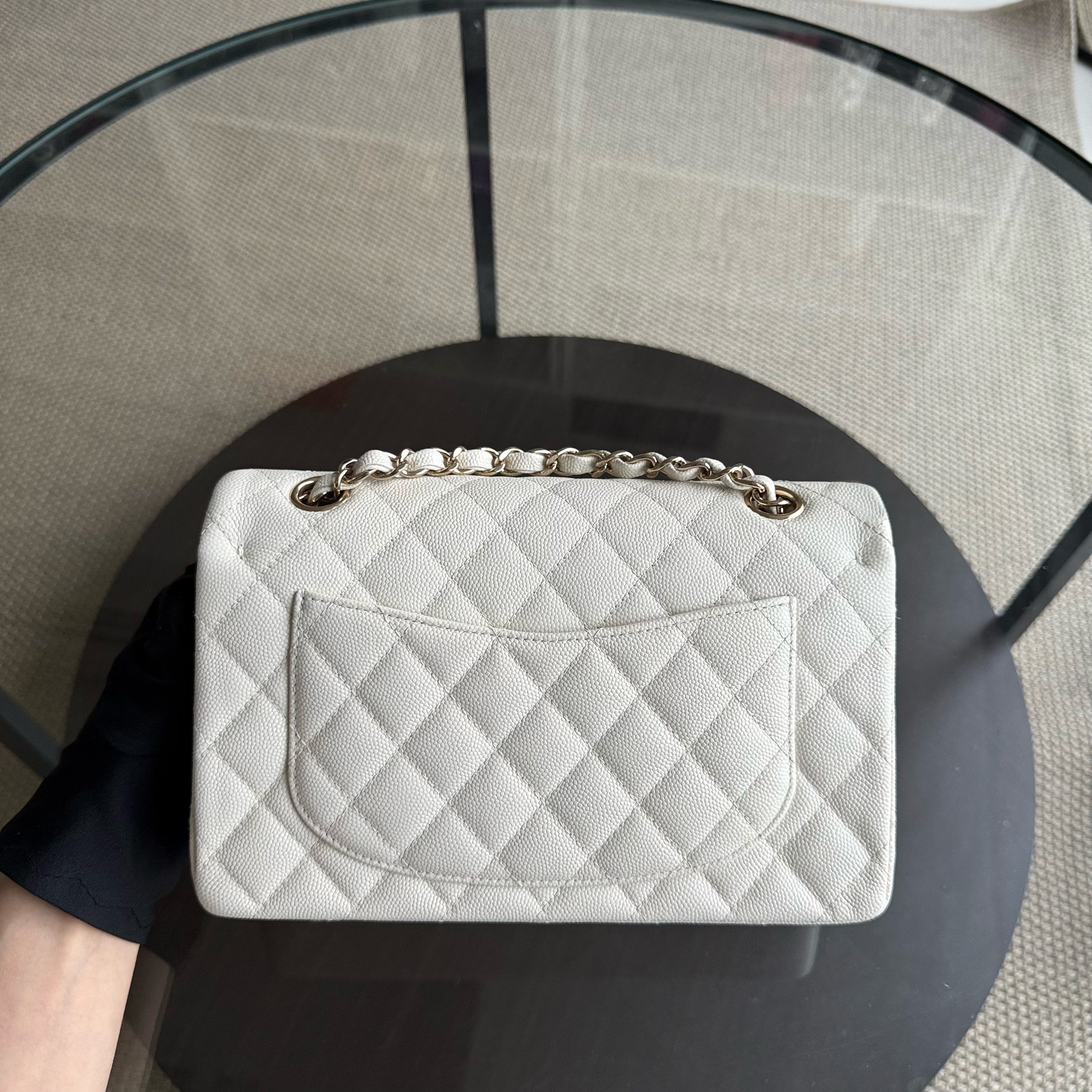 Chanel Classic Flap Small - Caviar 23CM Quilted Grained Calfskin White Light Gold Hardware Microchipped