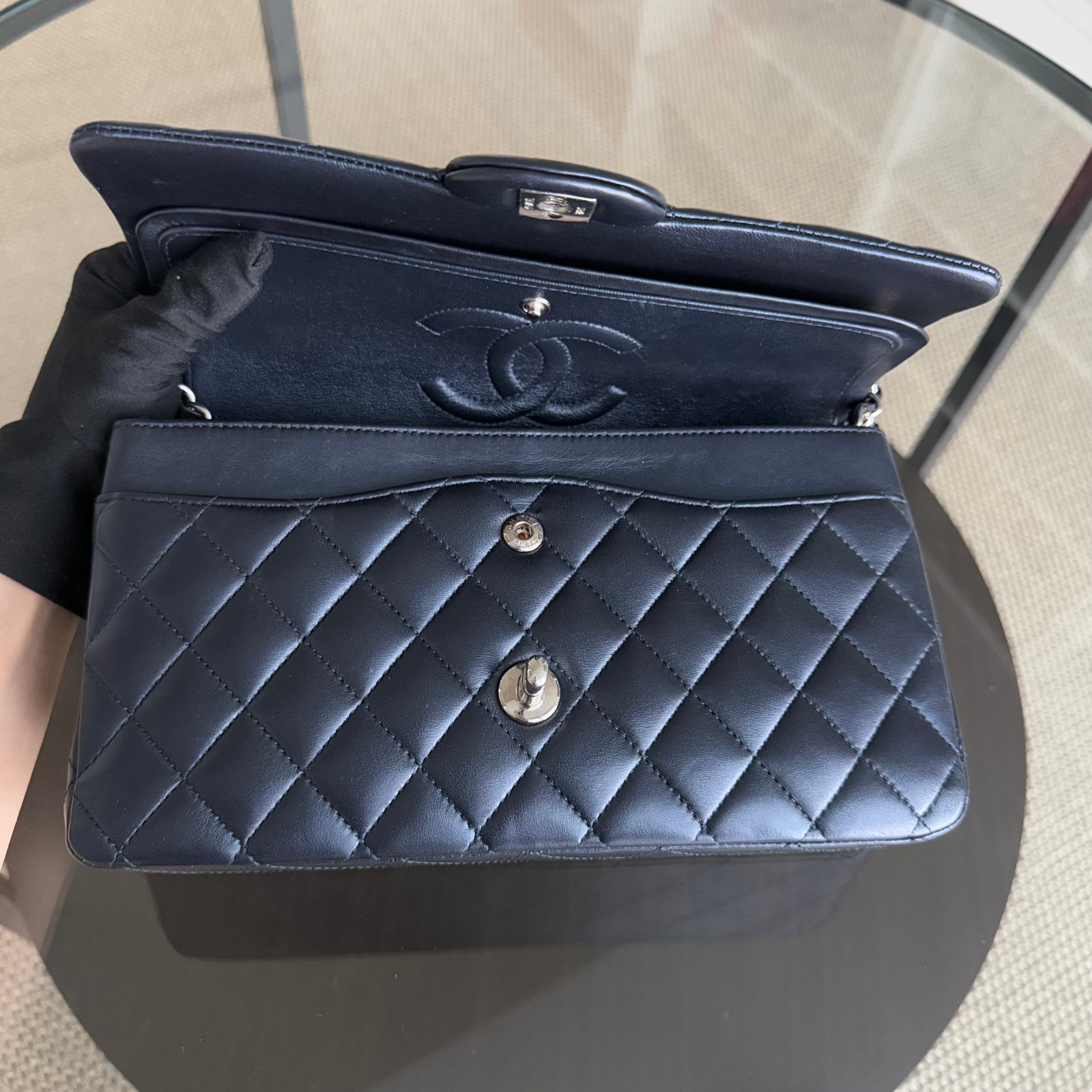 Chanel Classic Flap Medium - 25CM Quilted Lambskin Iridescent Midnight Dark Blue Silver Hardware Series 24