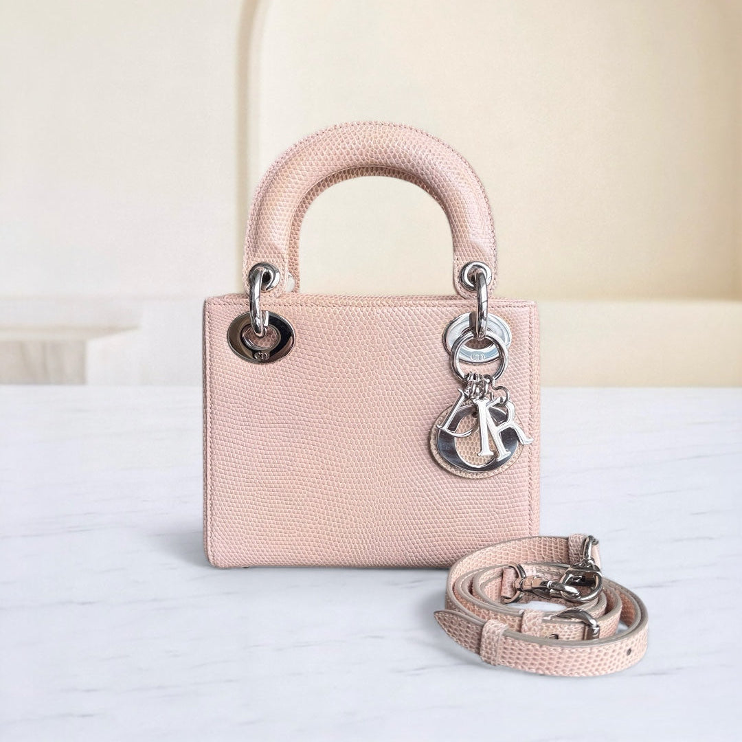Dior Lady Mini - Exotic Lizard Beige color Silver Hardware