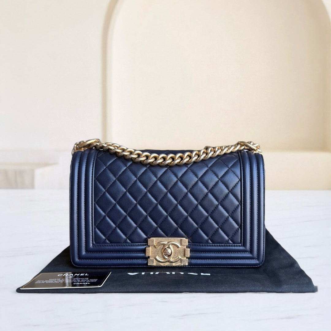 Chanel Boy Medium - 25CM Quilted Lambskin Dark Blue Gold Hardware Series 21