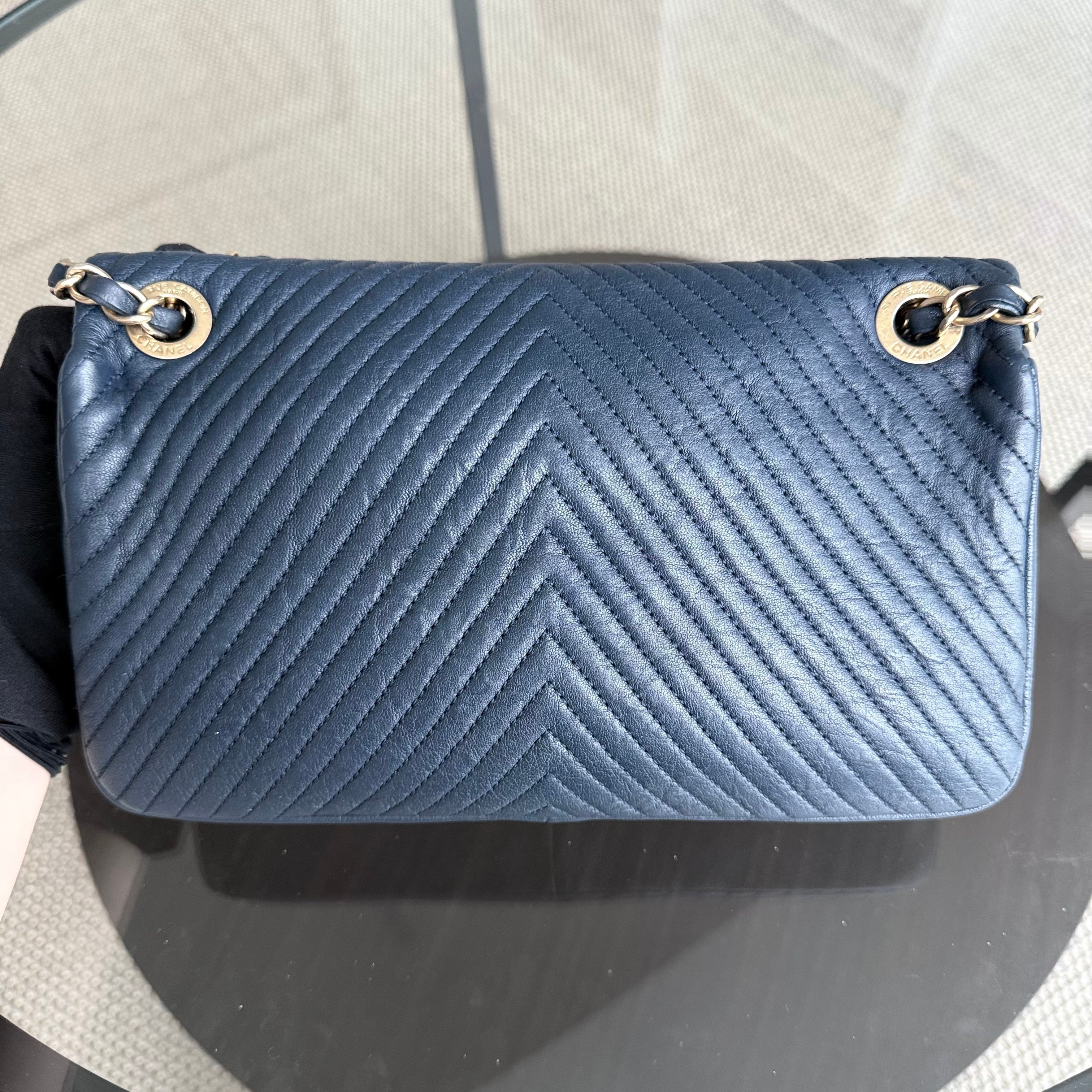 Chanel Seasonal Herringbone Medium Flap - Calfskin Chevron Blue Distressed Aged Gold Hardware Series 21