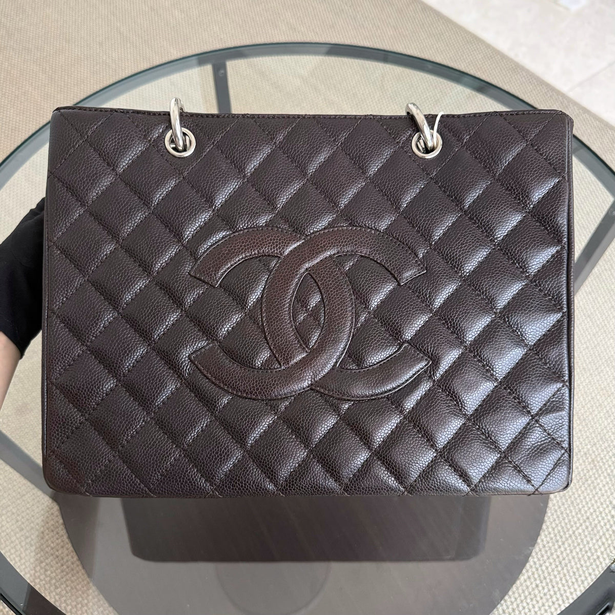 Chanel GST Grand Shopping Tote - Dark Maroon Caviar Quilted Silver Hardware Series 11