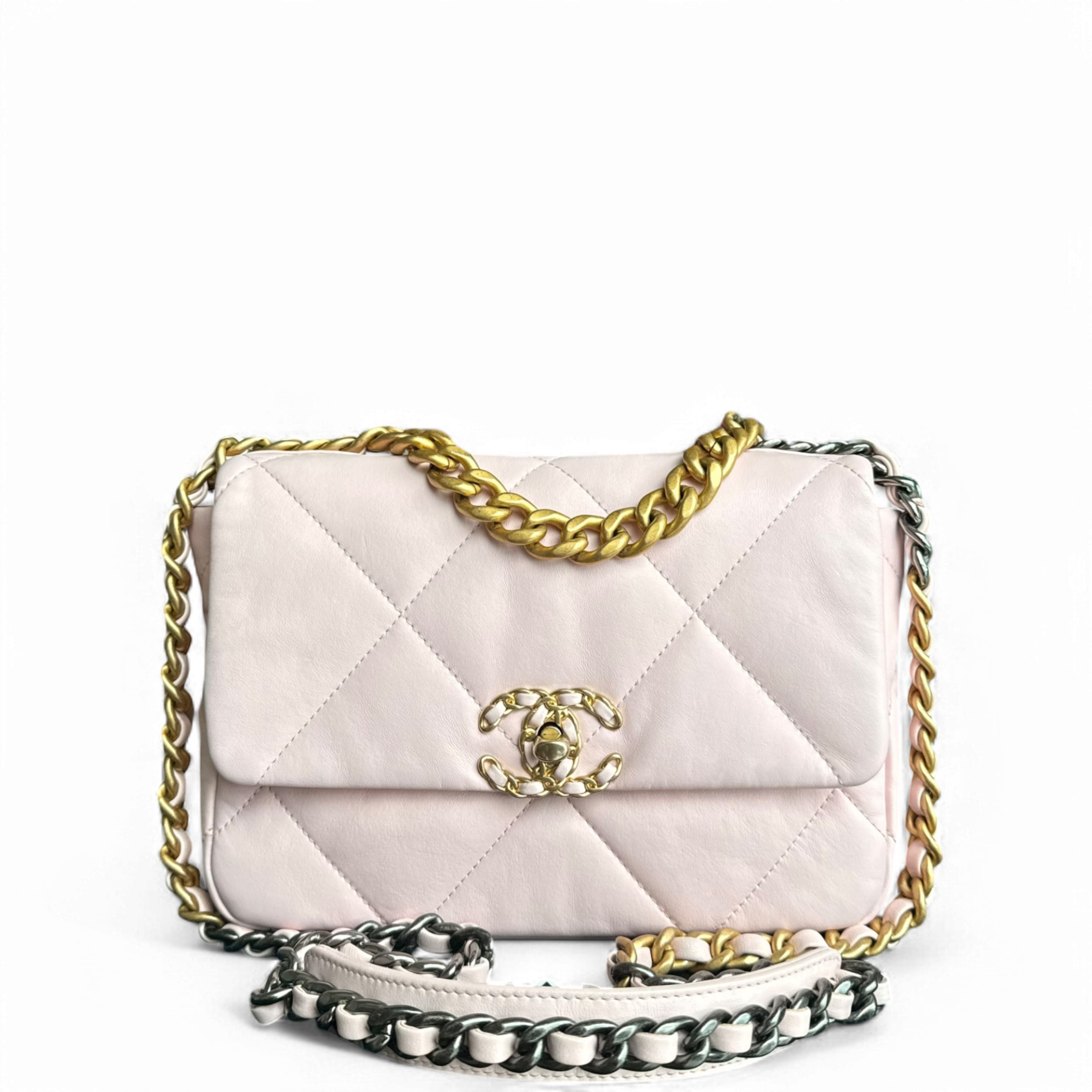 Chanel 19 Bag C19 Small - Quilted Goatskin Light Sakura Powder Pink Gold Two-tone Hardware Microchip