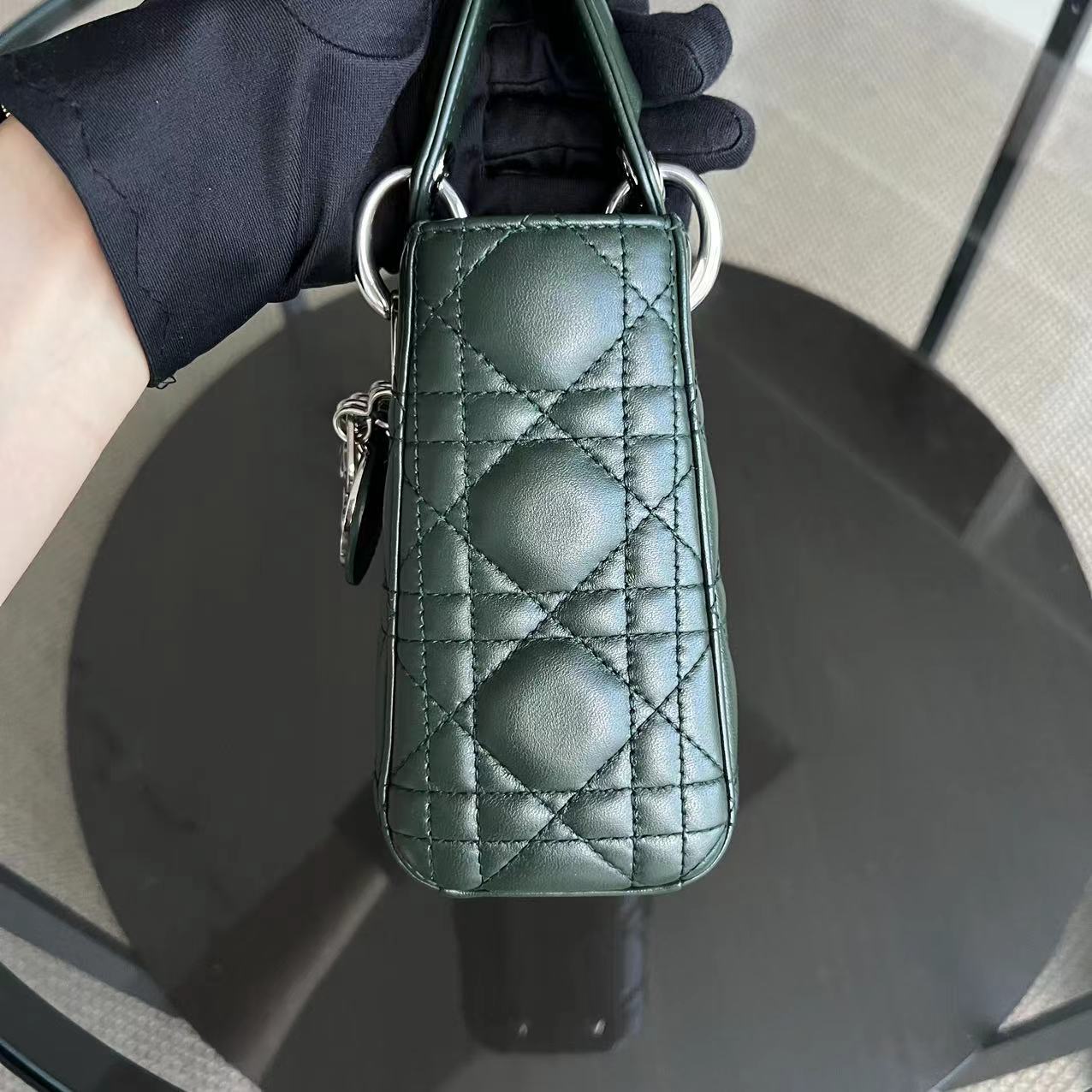 *Full set, Receipt* Dior Lady Mini Lambskin Dark Green Silver Hardware Chain Strap