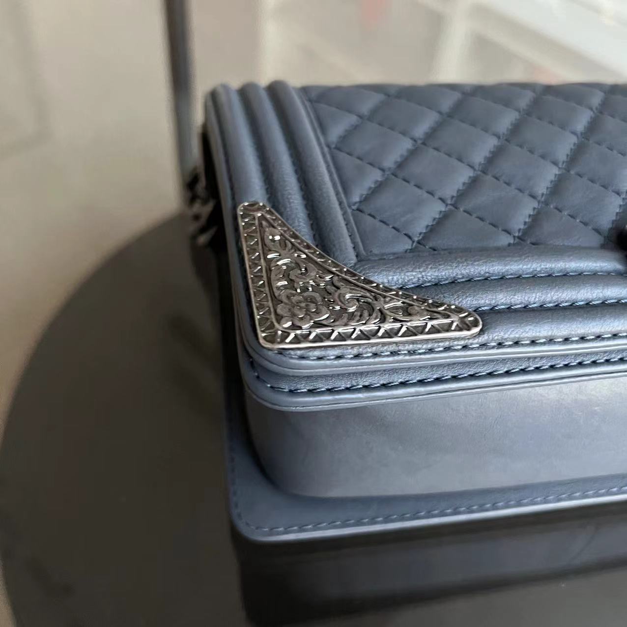 Chanel Boy Medium - 25CM Calfskin Quilted Limited Edition Metal Edges Leboy Ruthenium Silver Hardware Series 19