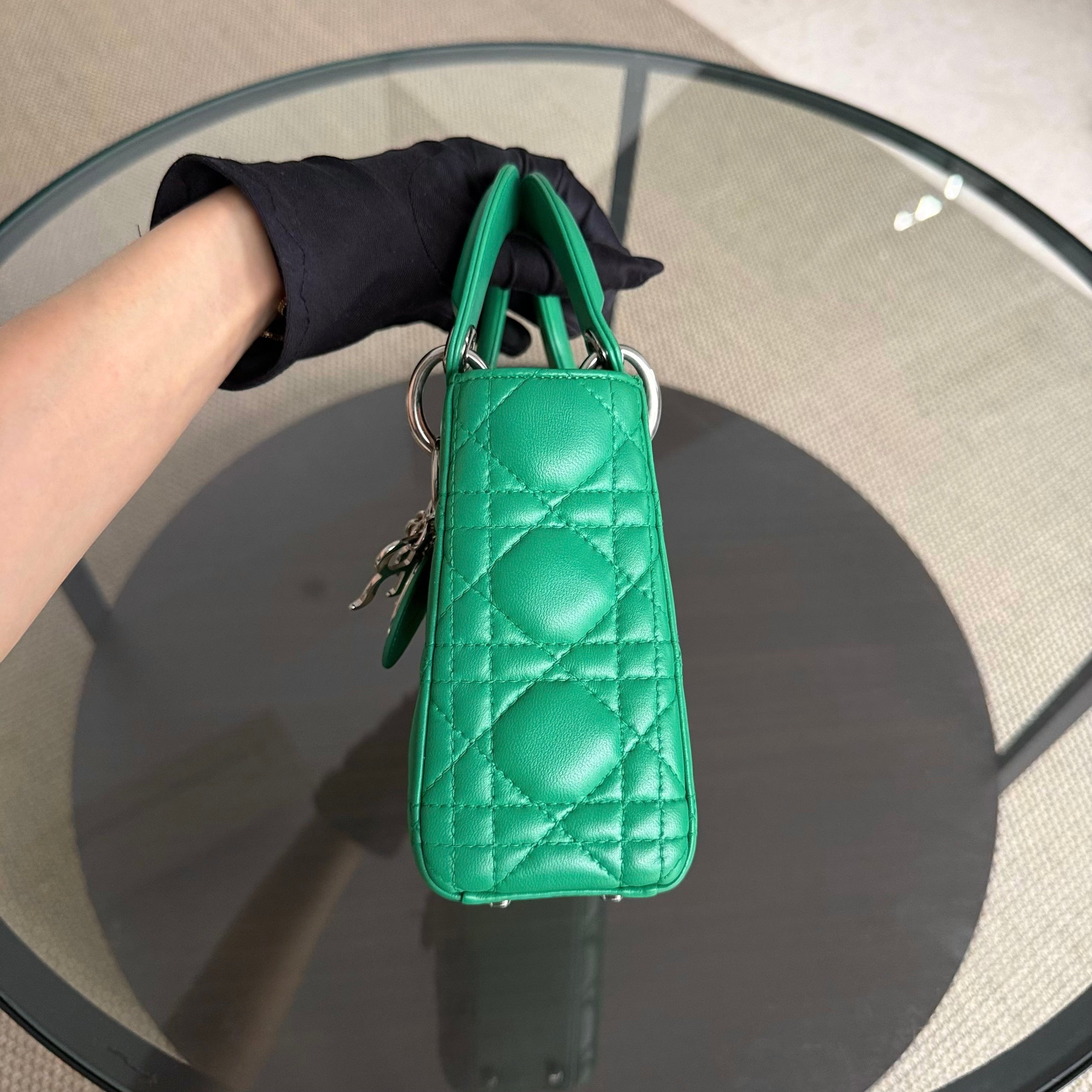 Dior Lady Mini - Cannage Lambskin Emerald Green Silver Hardware Adjustable Strap
