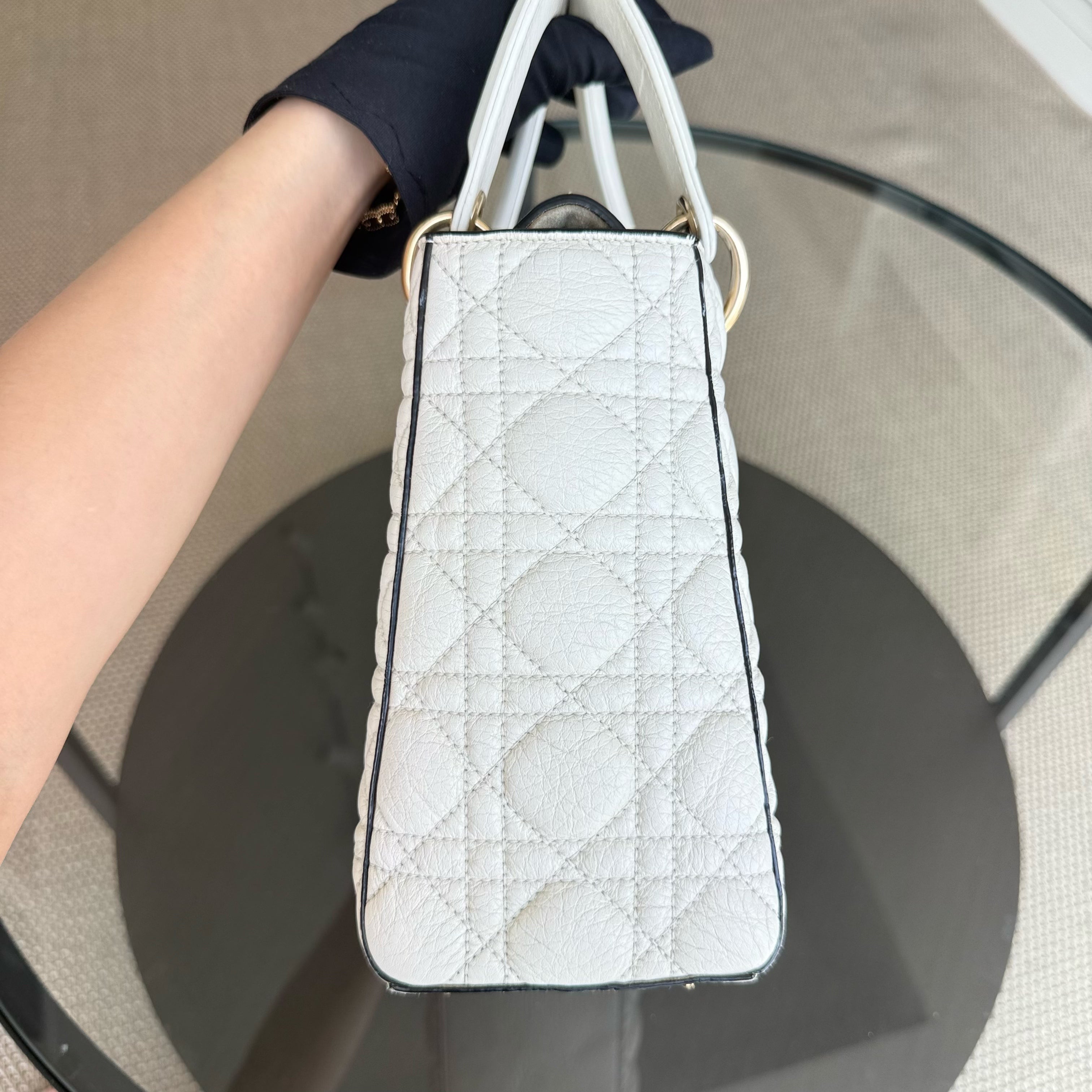 Dior Lady Medium Flap - Calfskin Cannage White Gold Hardware