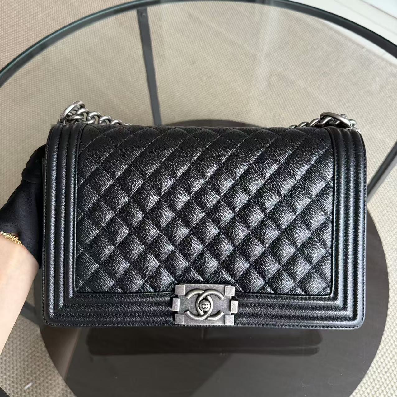 Chanel Boy Medium - Caviar 28CM Quilted Black Ruthenium Silver Hardware Series 27