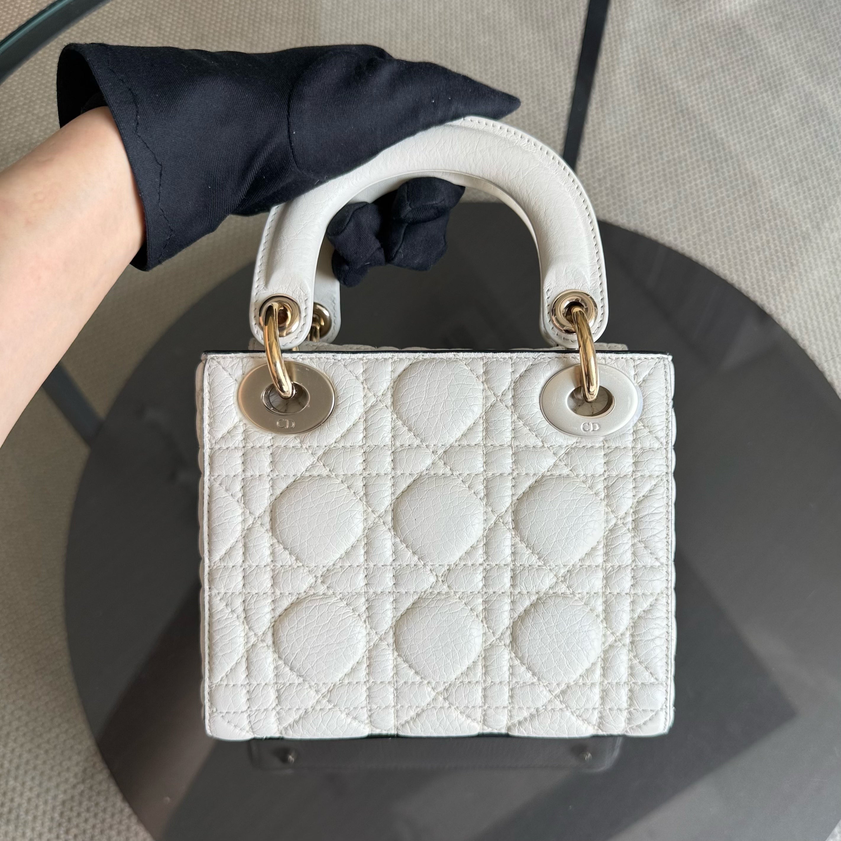 Dior Lady Mini - Grained Calfskin Cannage White Gold Hardware