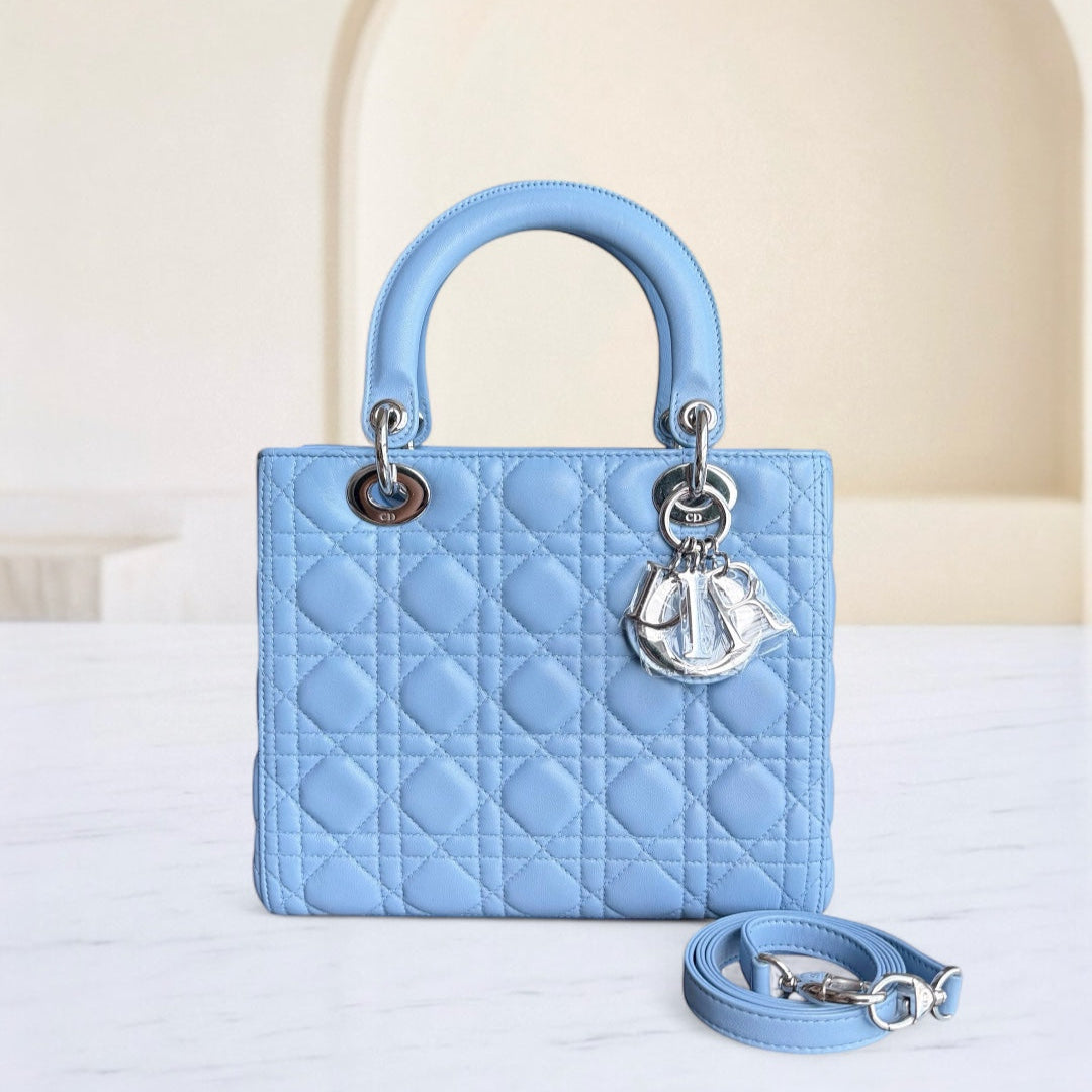 Dior Lady Medium Cannage Lambskin Light Baby Blue Silver Hardware