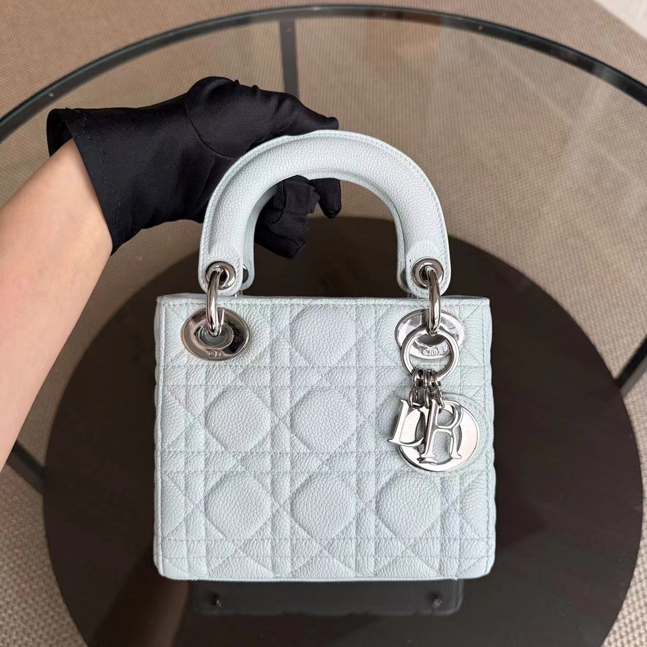 *Rare Caviar* Dior Lady Mini - Cannage Grained Calfskin Glacier White Ice Blue Silver Hardware Adjustable Strap