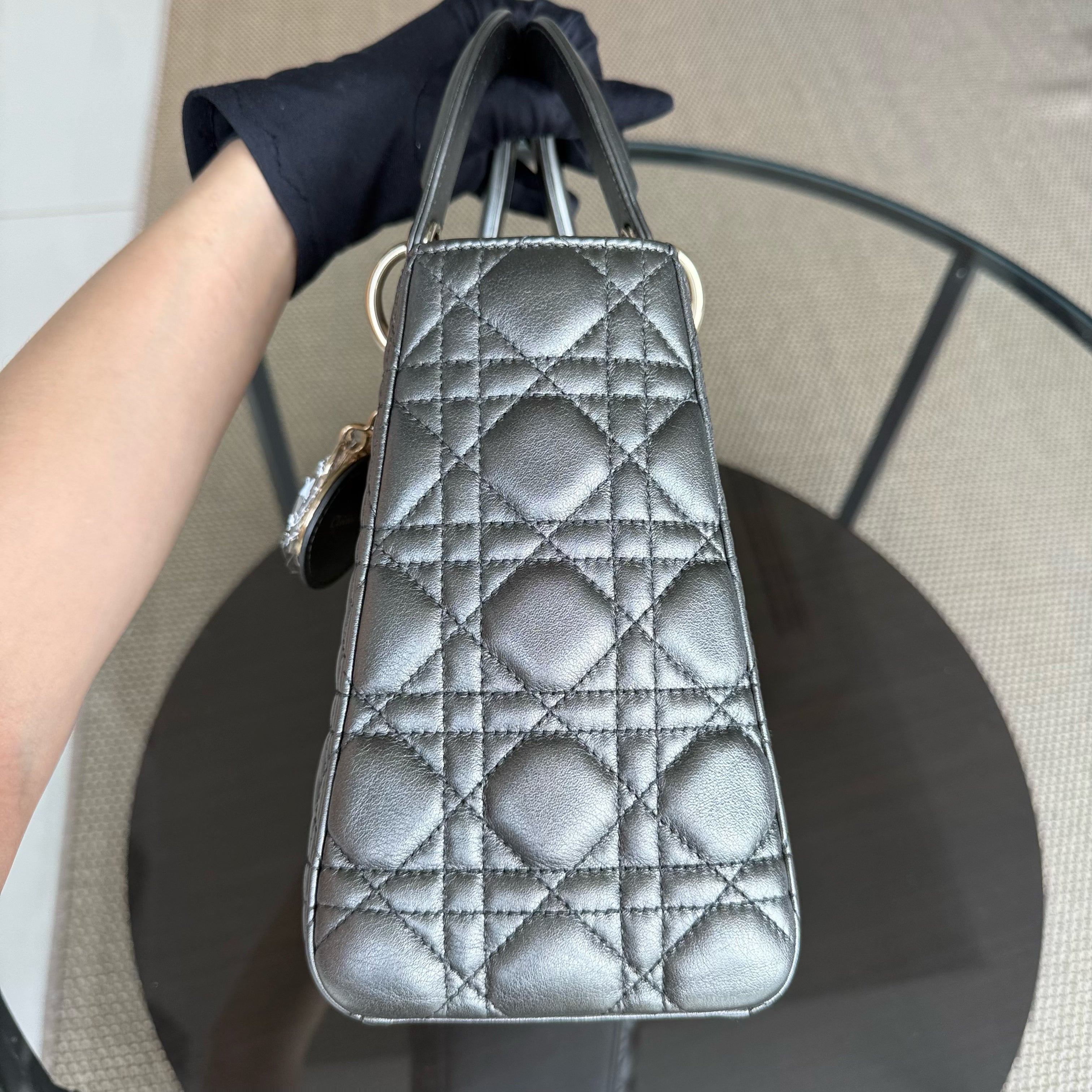Dior Lady Medium - Cannage Calfskin Metallic Silver Gunmetal Gold Hardware Adjustable Strap