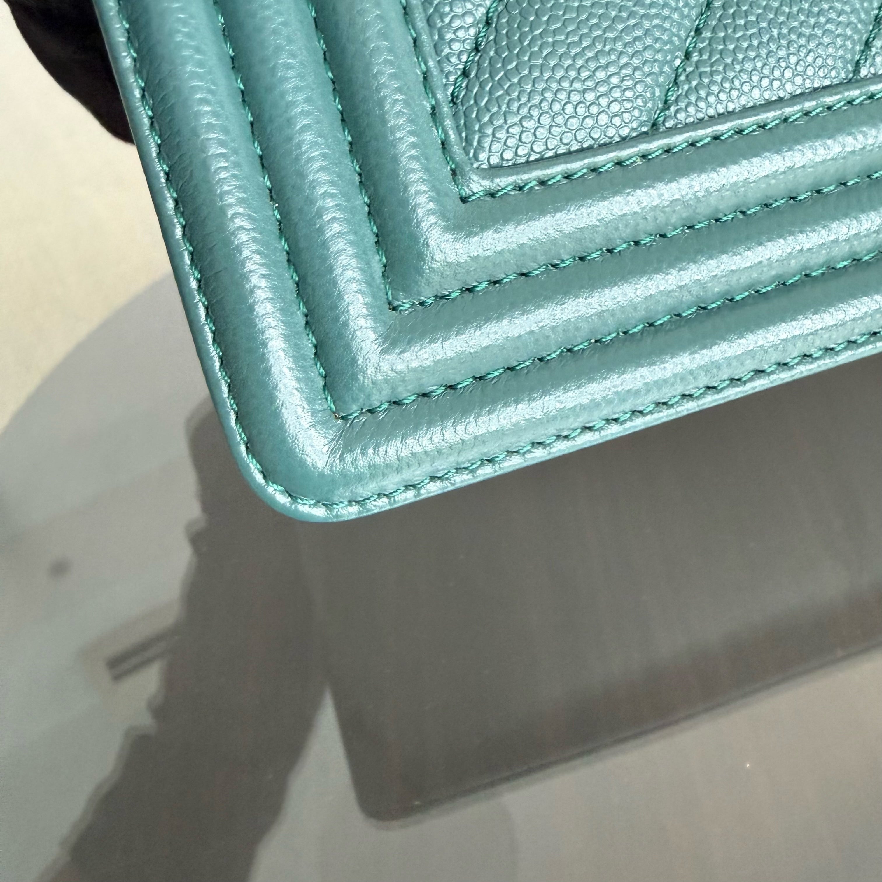 Chanel Boy Medium - Caviar 25CM Chevron Dark Green Ruthenium Silver Hardware Series 24