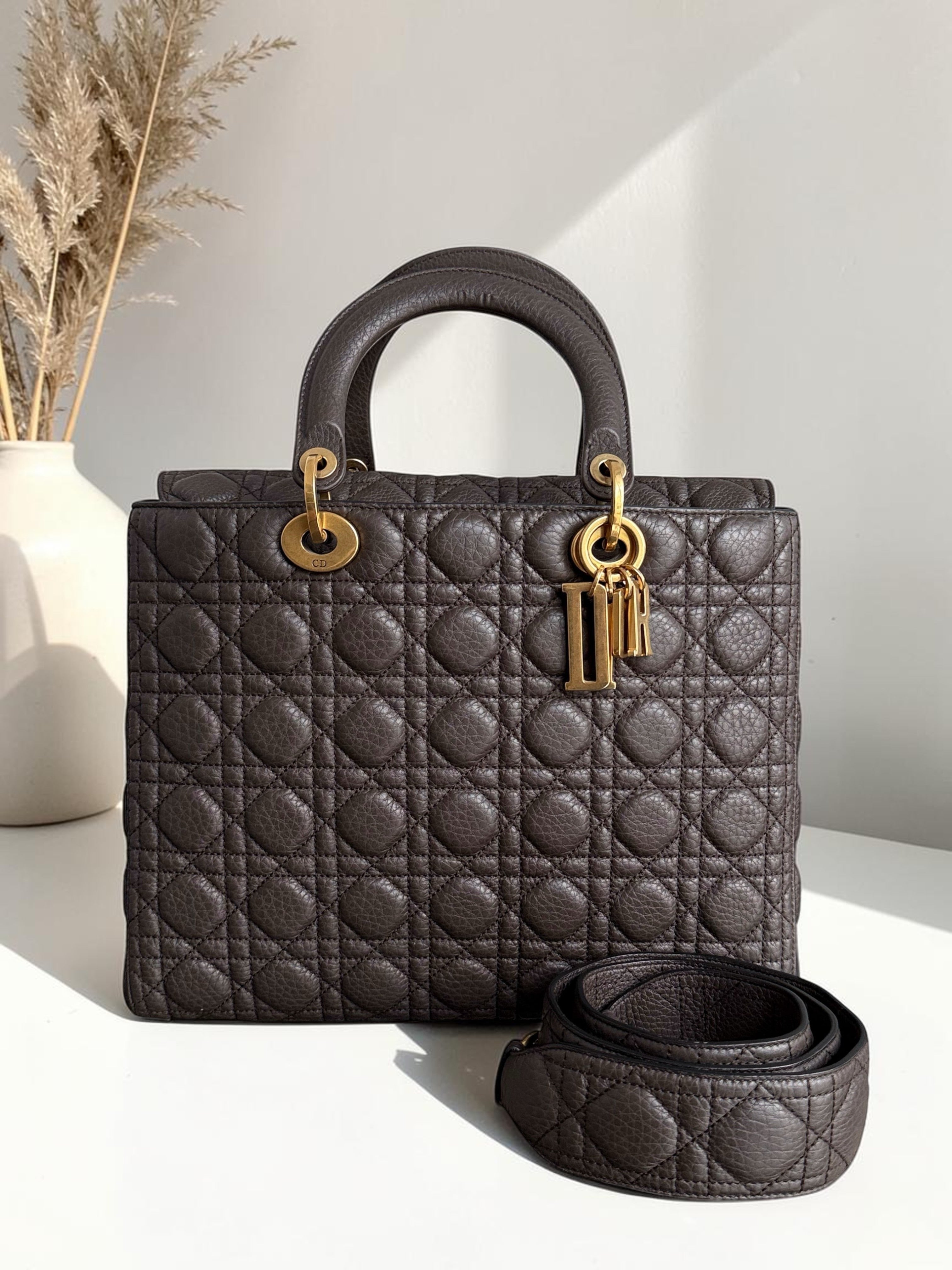 Dior Lady Large Flap - Calfskin Cannage Dark Brown Gold Hardware