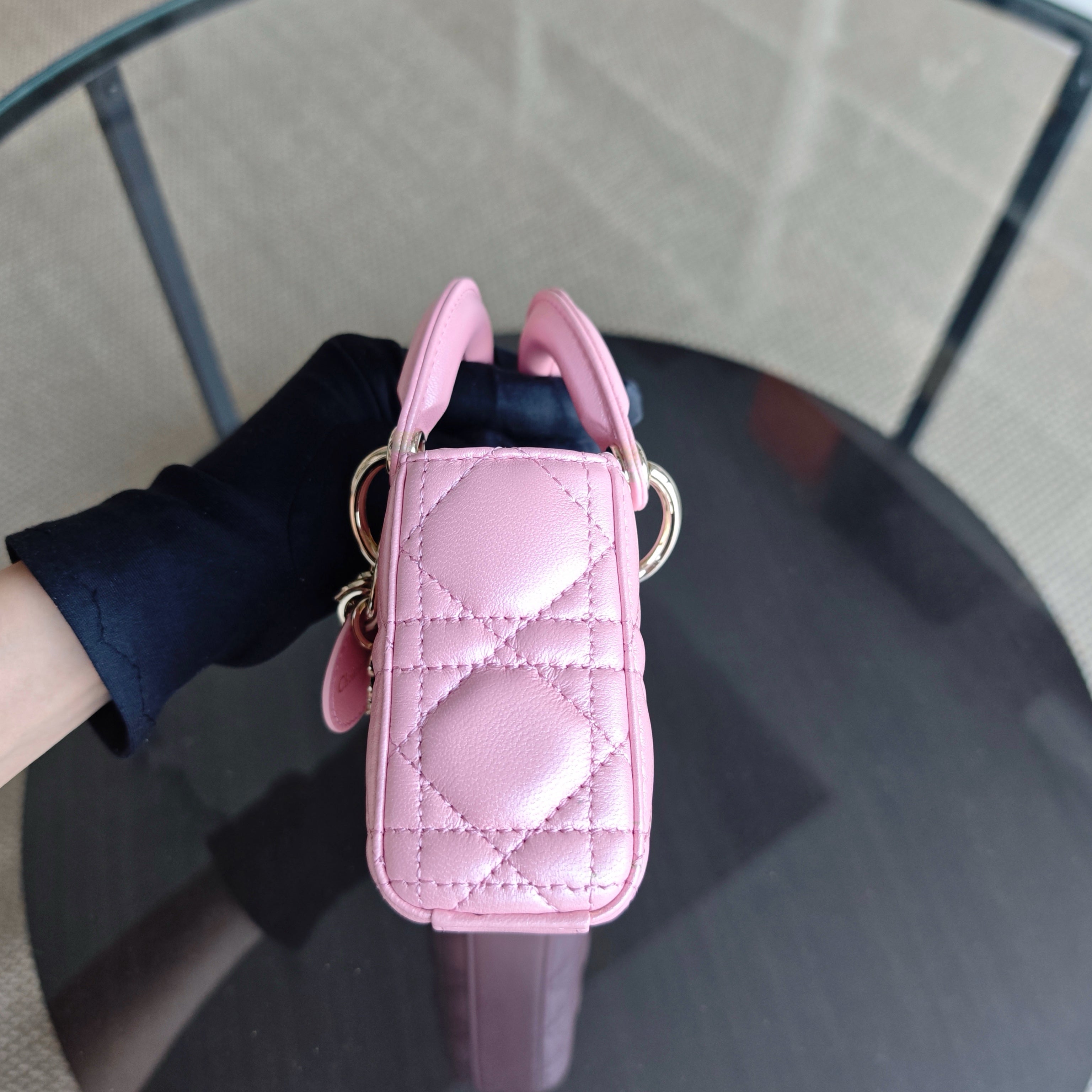 Dior D-Joy Micro - Cannage Lambskin Iridescent Pink Gold Hardware 17CM