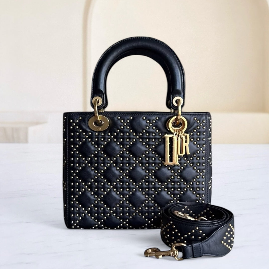 Dior Lady Medium Flap - Studded Cannage Calfskin Black Gold Hardware