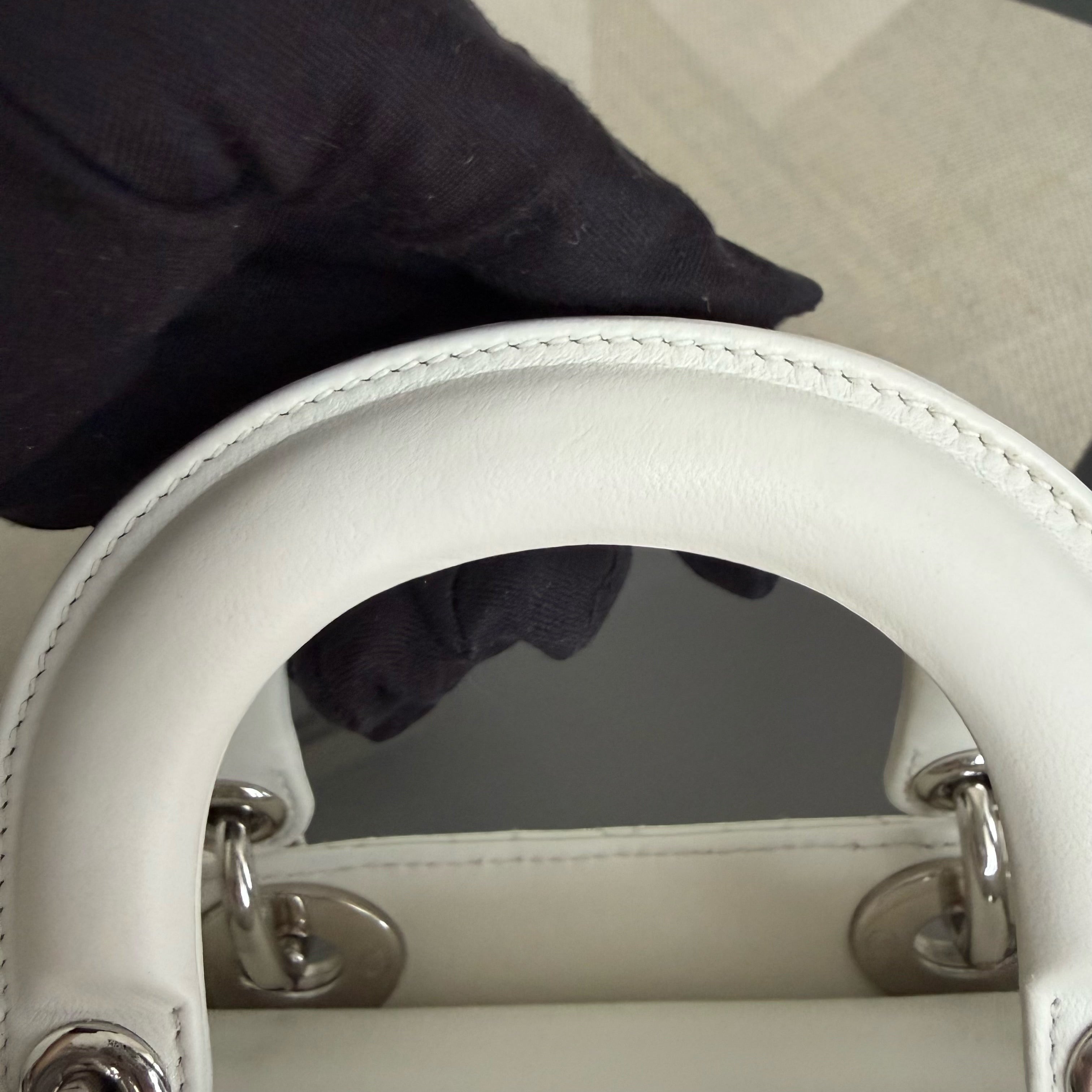 Dior Lady Mini - Cannage Lambskin White Silver Hardware Chain Strap