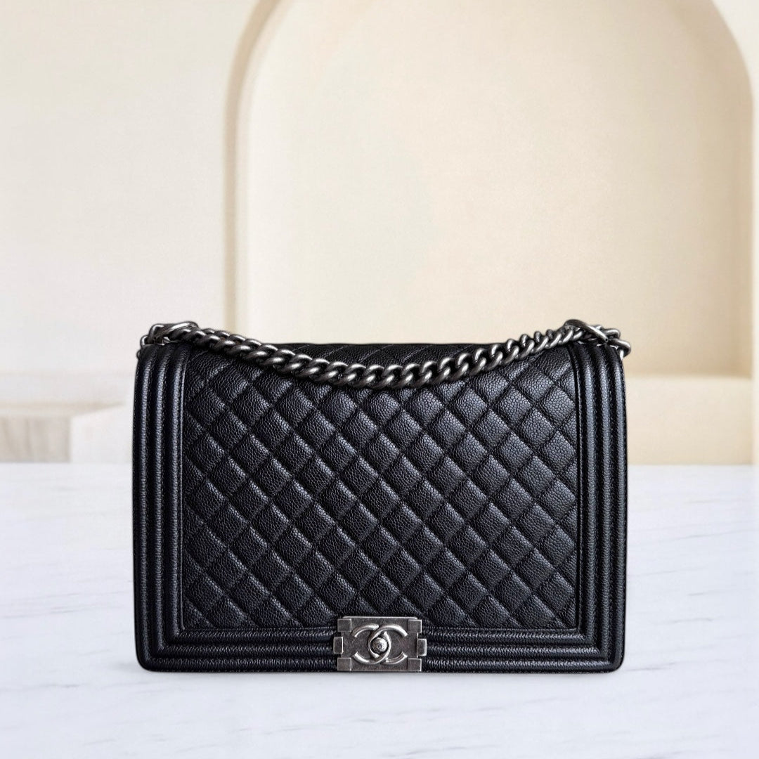 Chanel Boy Large - Quilted Caviar Black Silver Hardware Series 19