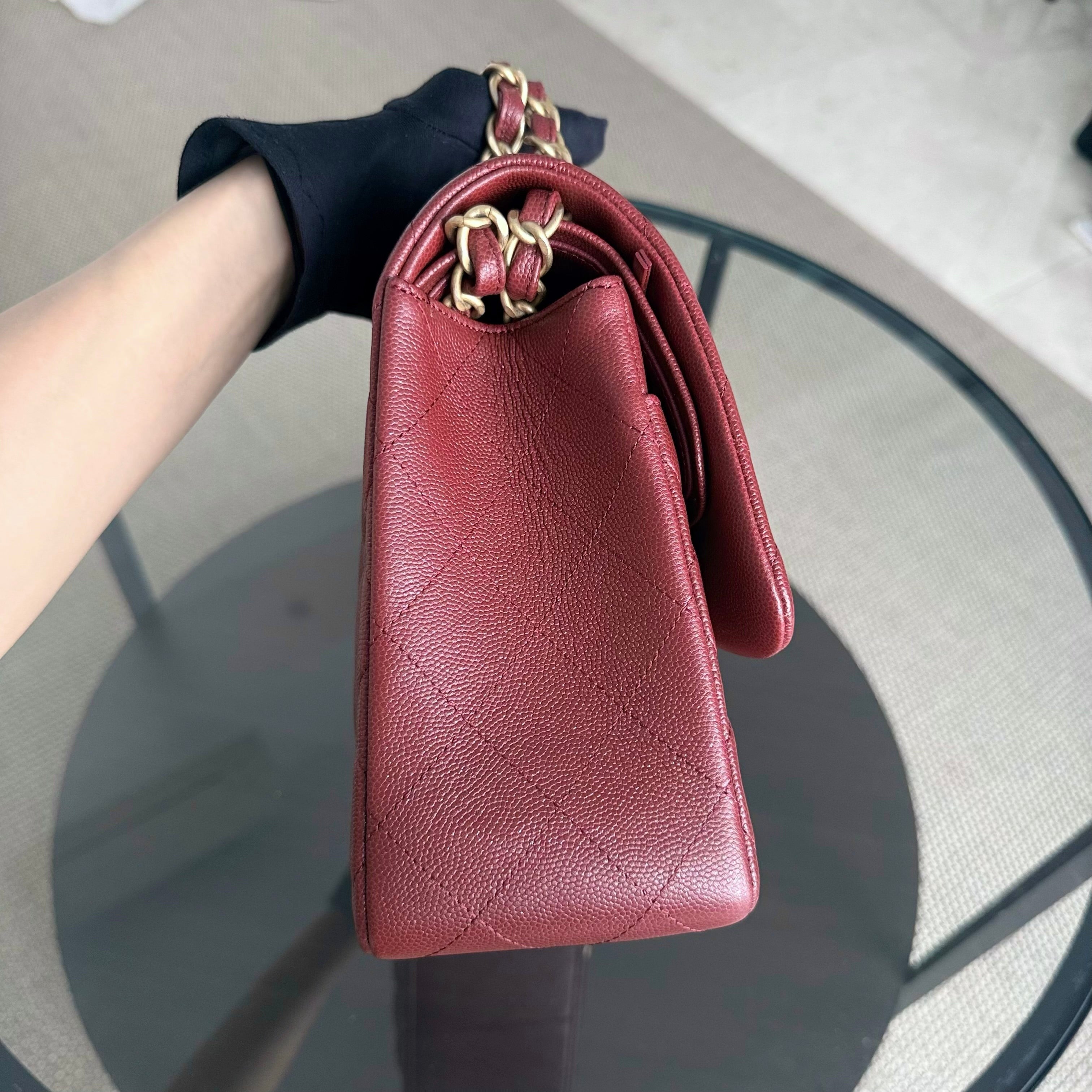 Chanel Classic Flap Jumbo - Caviar 30CM Double Flap Quilted Burgundy Gold Hardware series 25