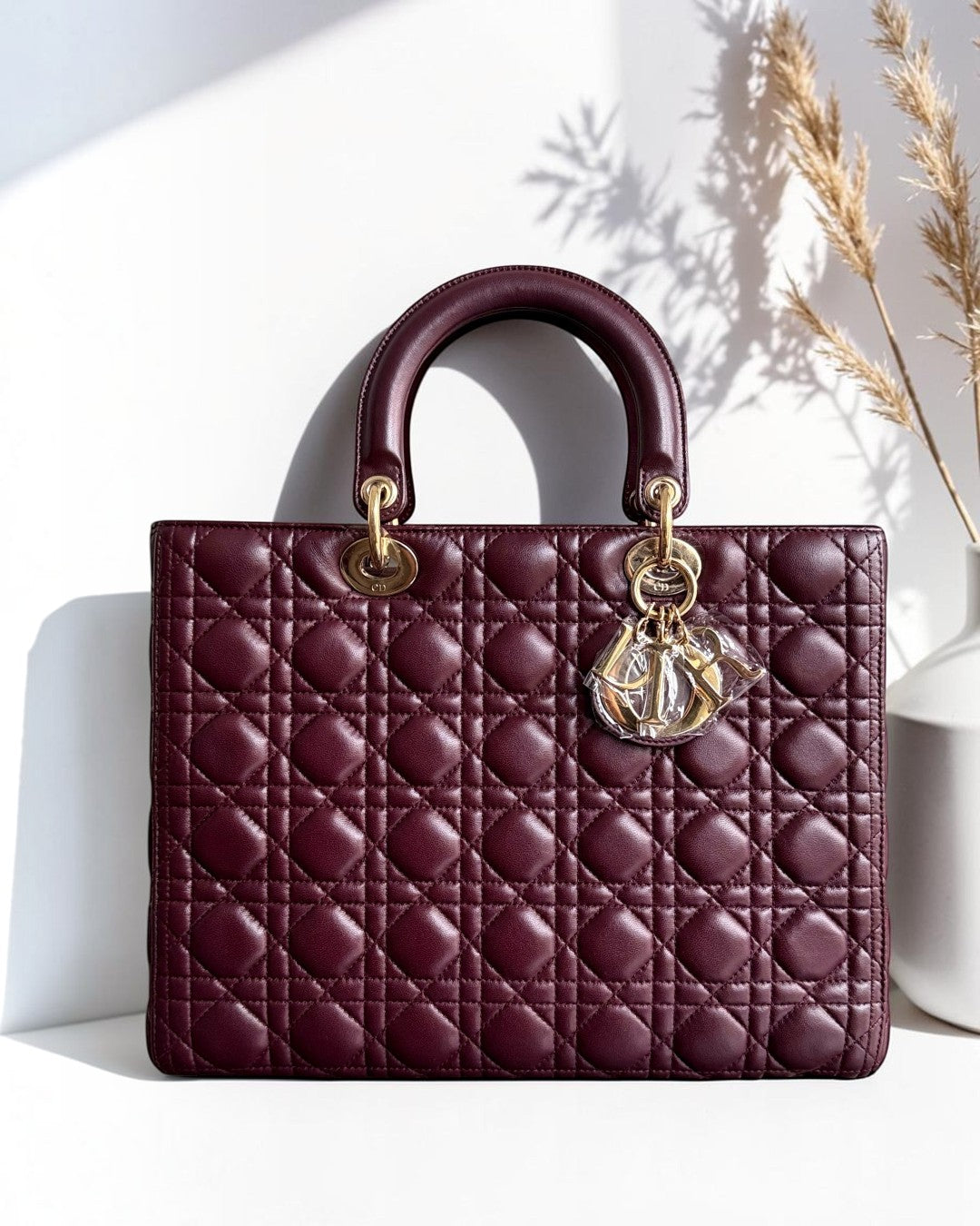Dior Lady Large - Cannage Lambskin Dark Burgundy Gold Hardware