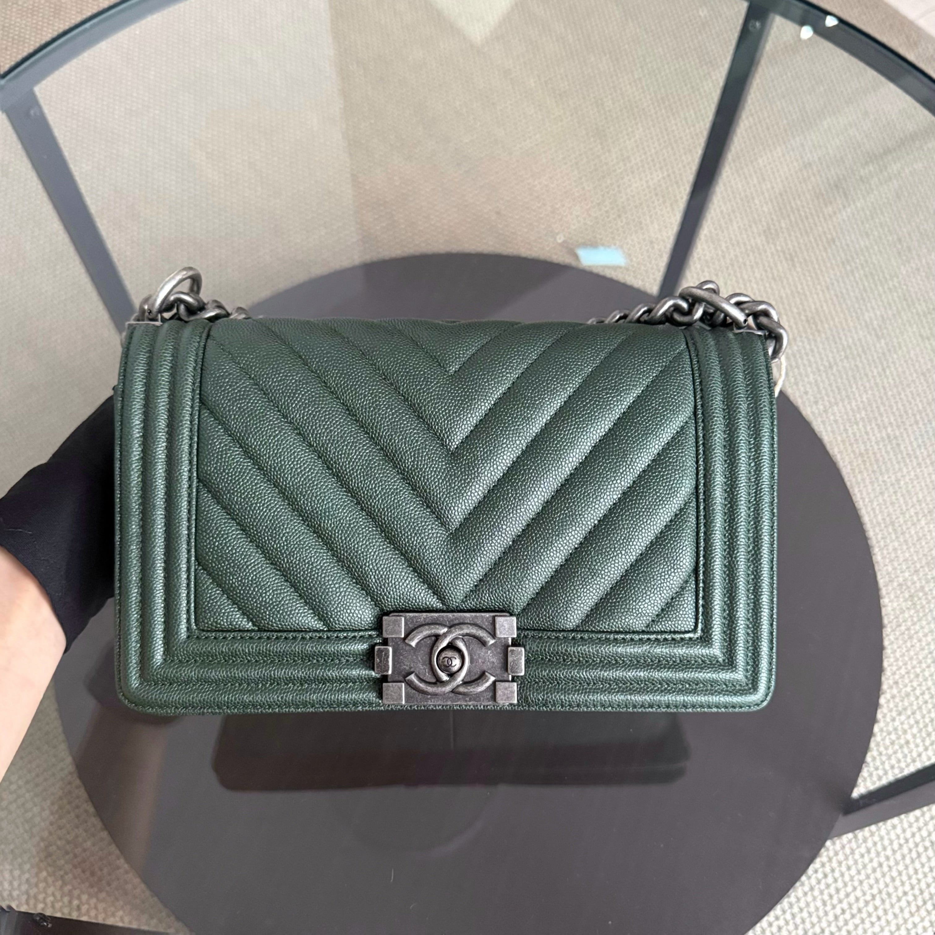 Chanel Boy Medium - Caviar 25CM Chevron Dark Green Ruthenium Silver Hardware Series 26