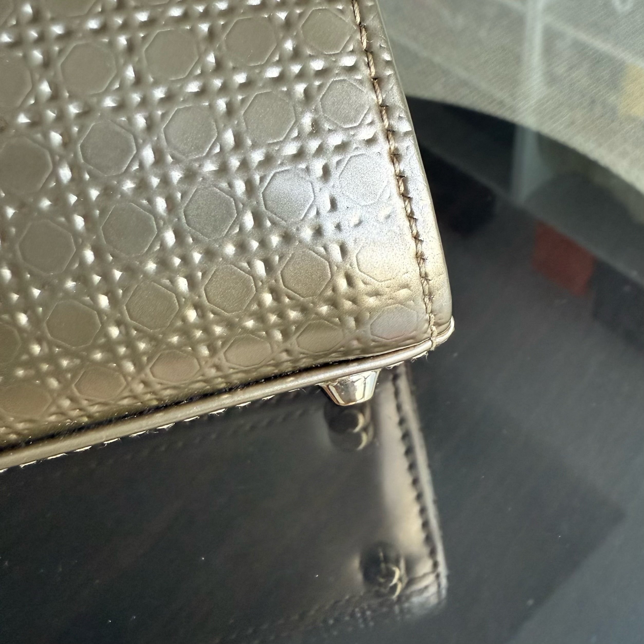 Dior Lady Mini - Calfskin Micro-Cannage Metallic Gold Gold Hardware Chain Strap