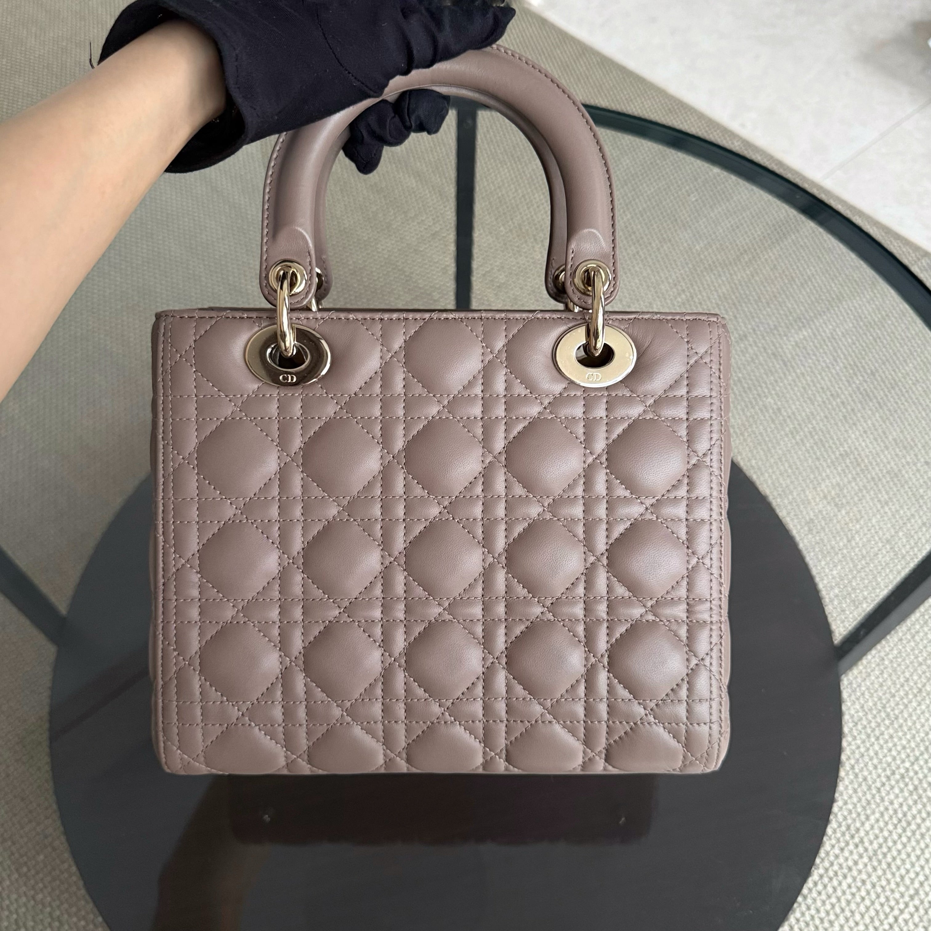 Dior Lady Flap Medium - Cannage Lambskin Dark Blush Gold Hardware Adjustable Strap