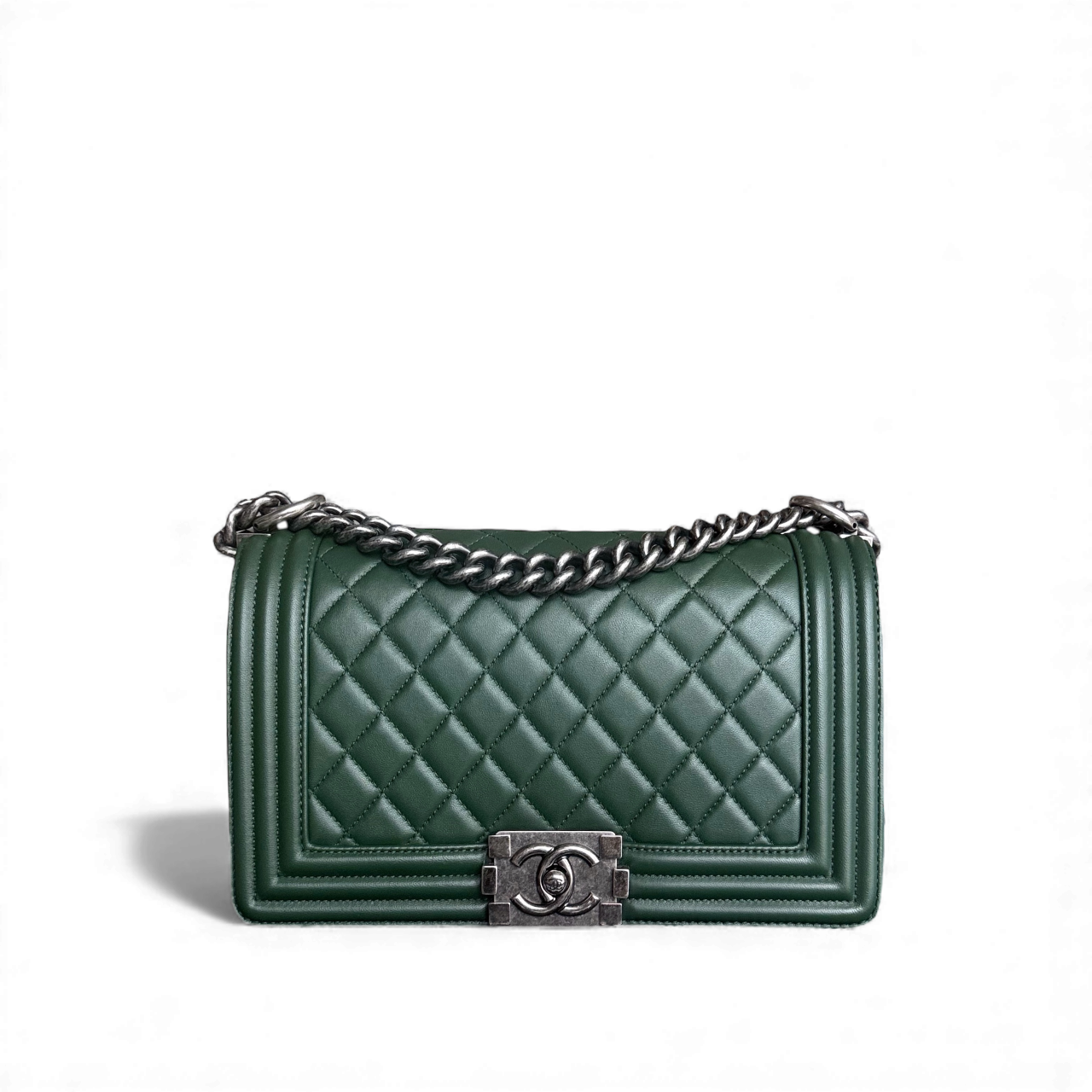Chanel Boy Medium - Quilted Lambskin Dark Green Ruthenium Silver Hardware Series 20